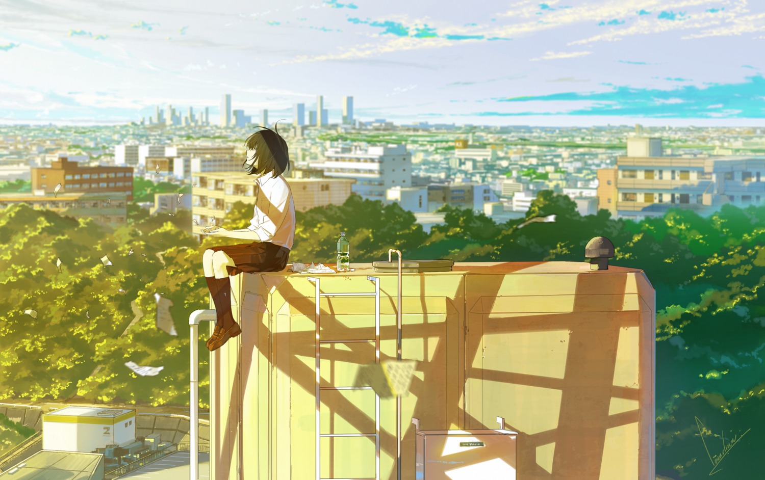 landscape, loundraw, seifuku