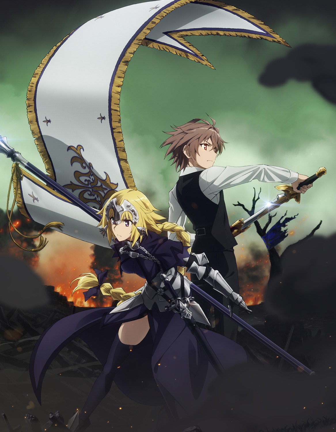 armor, fate/apocrypha, fate/stay_night, jeanne_d'arc, jeanne_d'arc_(fate), sieg_(fate/apocrypha), sword, thighhighs