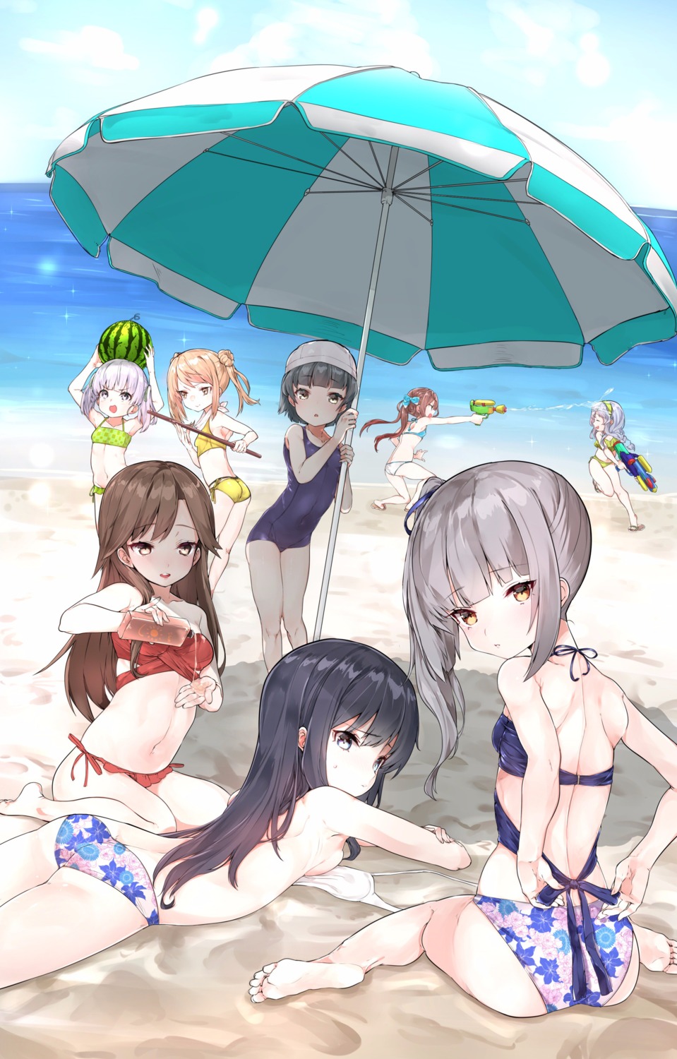 arare_(kancolle), arashio_(kancolle), asagumo_(kancolle), asashio_(kancolle), ass, bikini, feet, gun