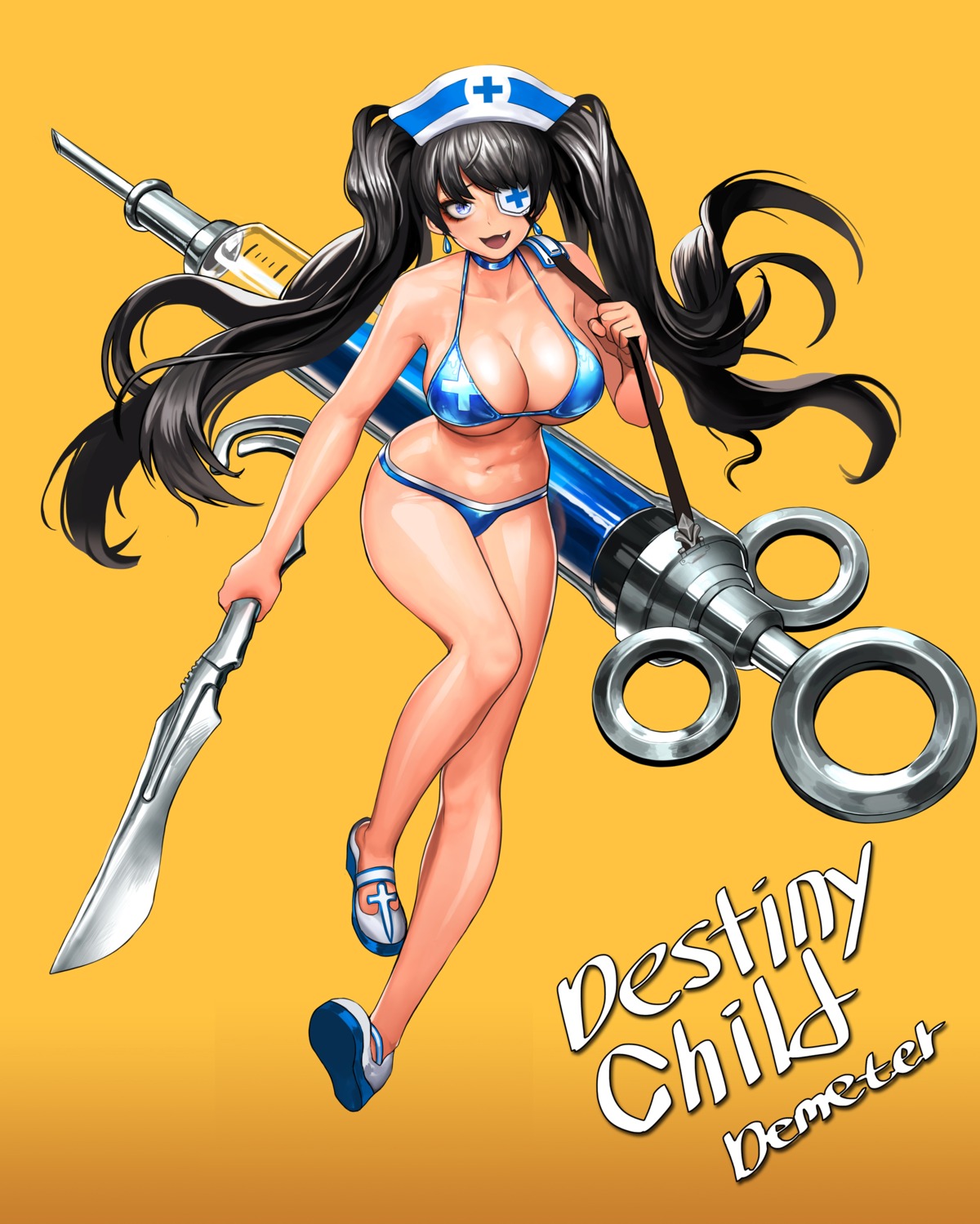 bikini, cain_(grt1125), cleavage, demeter, destiny_child, eyepatch, nurse, swimsuits, underboob, weapon