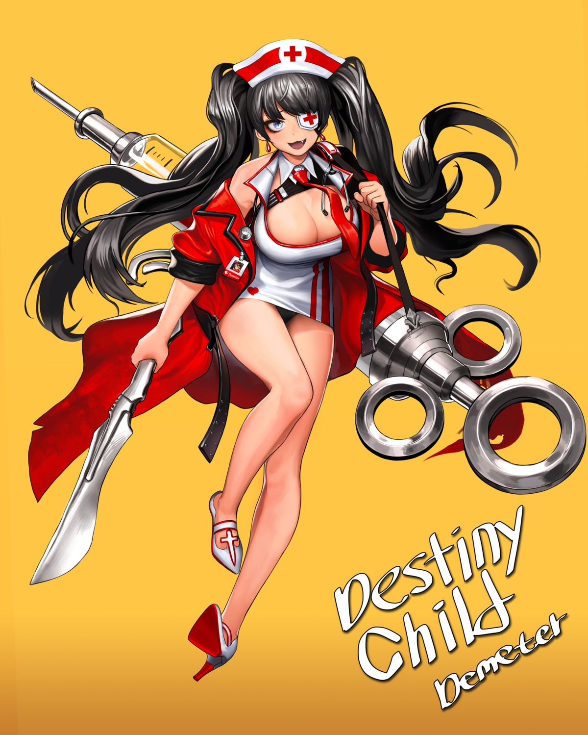 cain_(grt1125), cleavage, demeter, destiny_child, eyepatch, heels, nurse, weapon