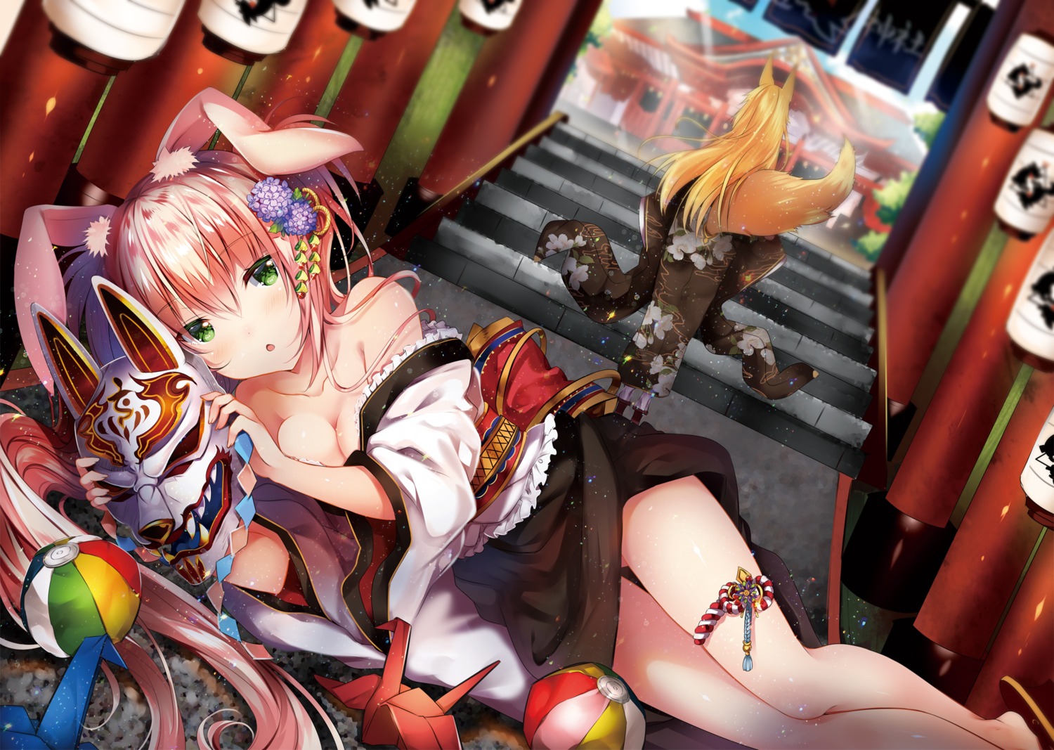 animal_ears, kimono, kitsune, open_shirt, tail, usagihime