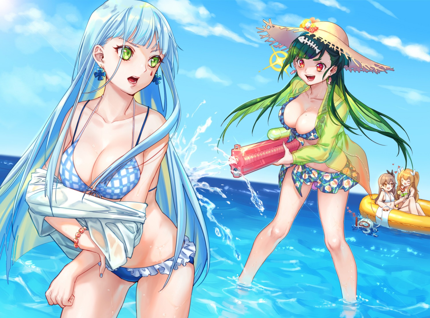 bikini, c_piao_jun, cleavage, g11_(girls_frontline), girls_frontline, gun, hk416_(girls_frontline), open_shirt, see_through, swimsuits, ump45_(girls_frontline), ump9_(girls_frontline), wet, wet_clothes