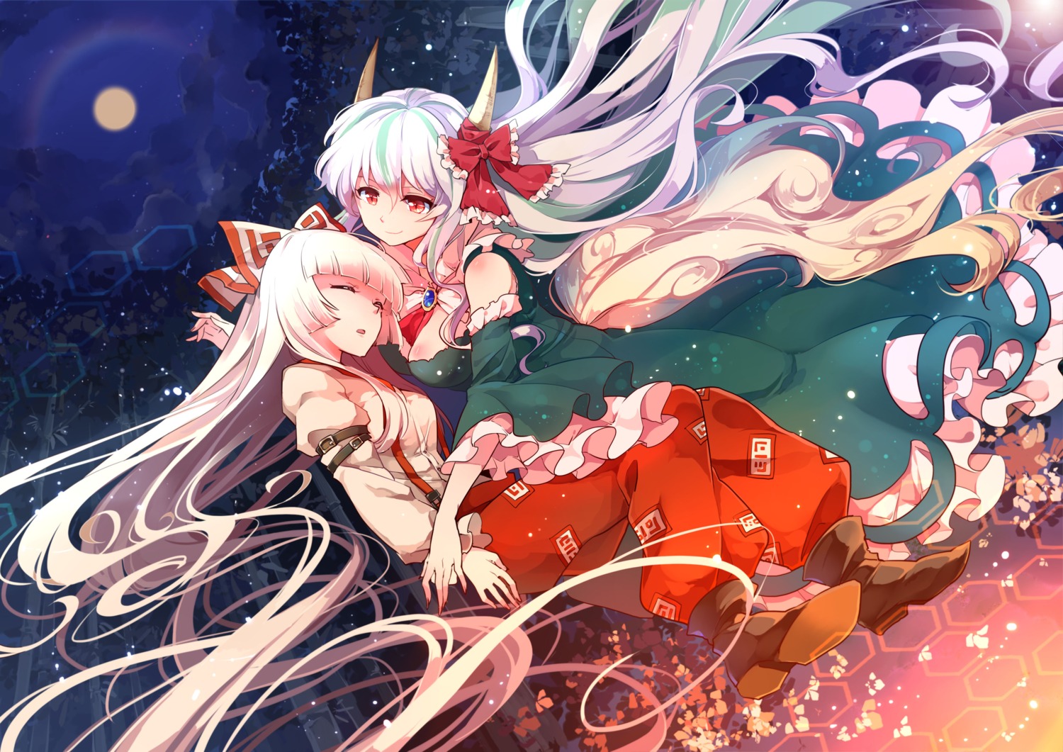 dress, fujiwara_no_mokou, horns, kamishirasawa_keine, kaze_yetworldview, touhou