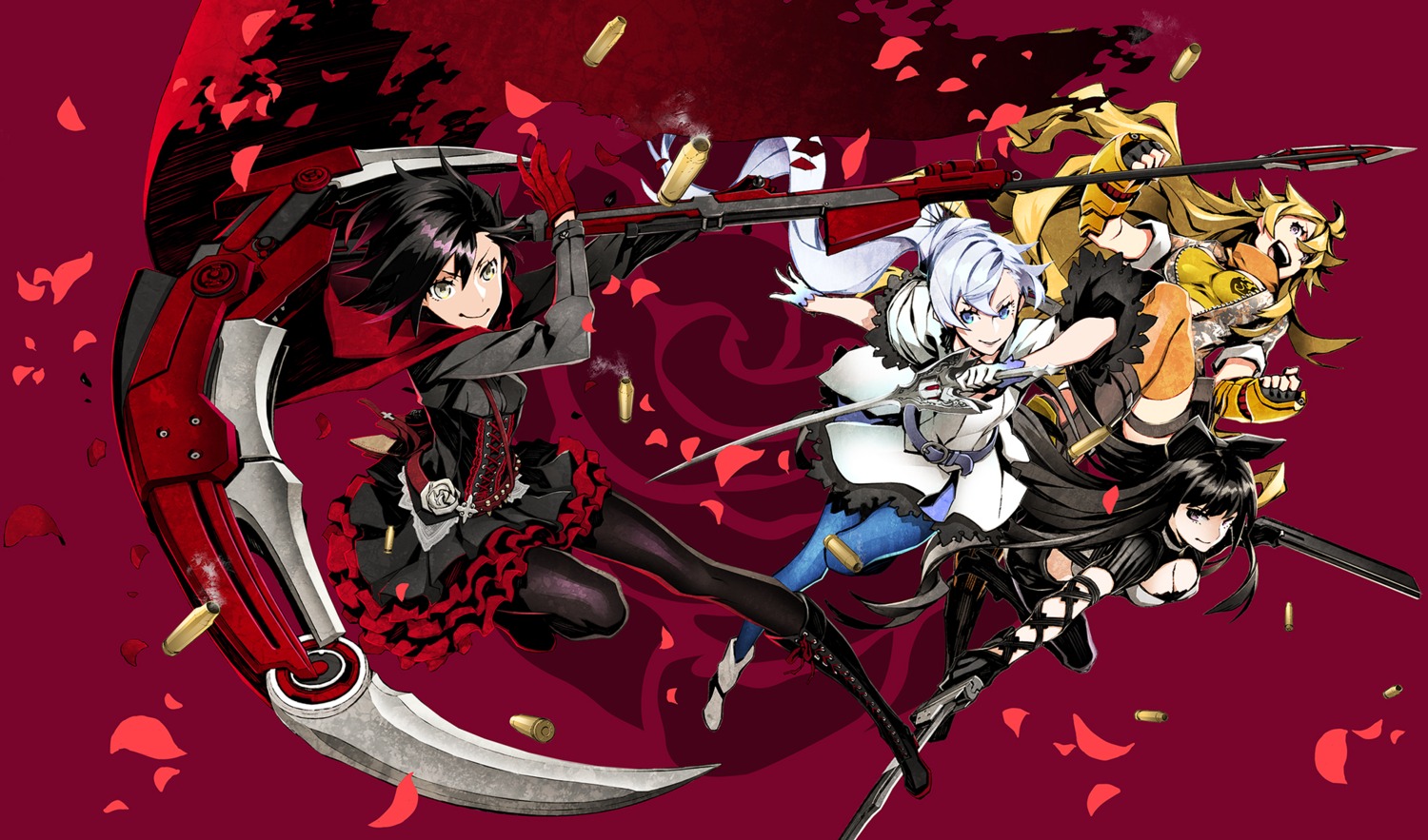 blake_belladonna, cleavage, dress, heels, miwa_shirow, pantyhose, ruby_rose, rwby