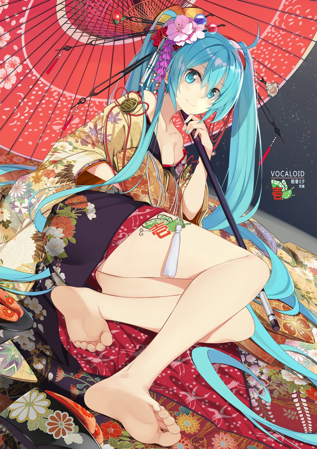 beek, cleavage, feet, hatsune_miku, kimono, open_shirt, tattoo, umbrella