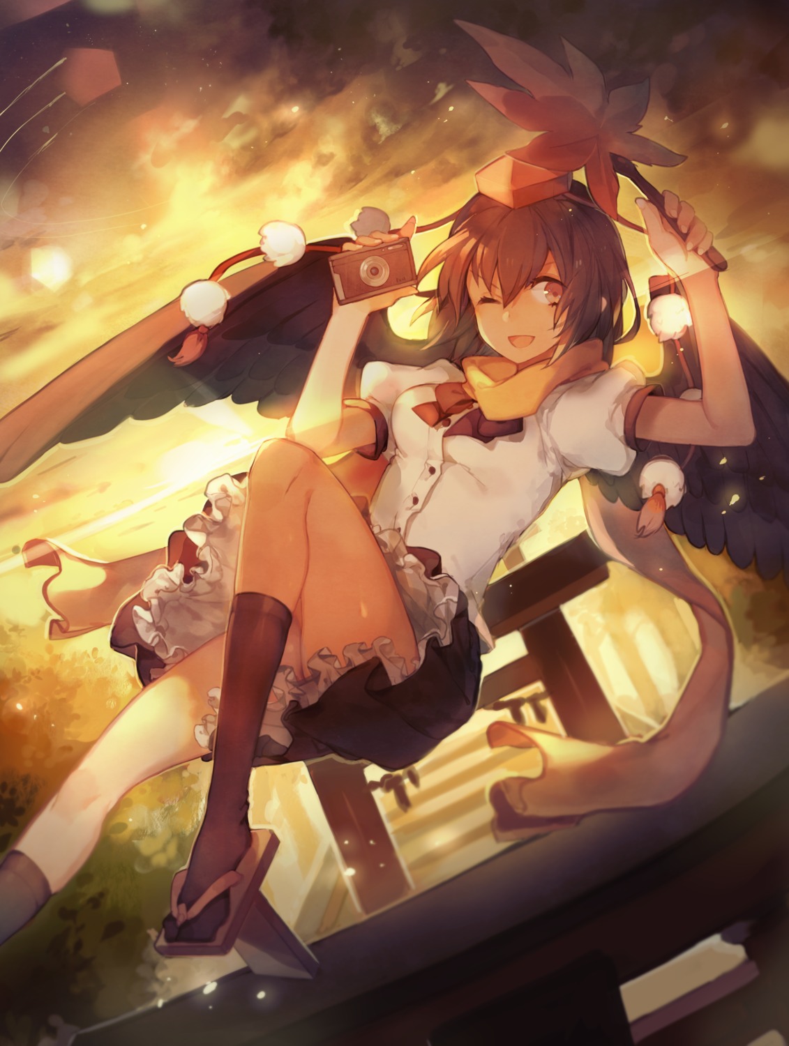 rom_(romshiro), shameimaru_aya, touhou, wings