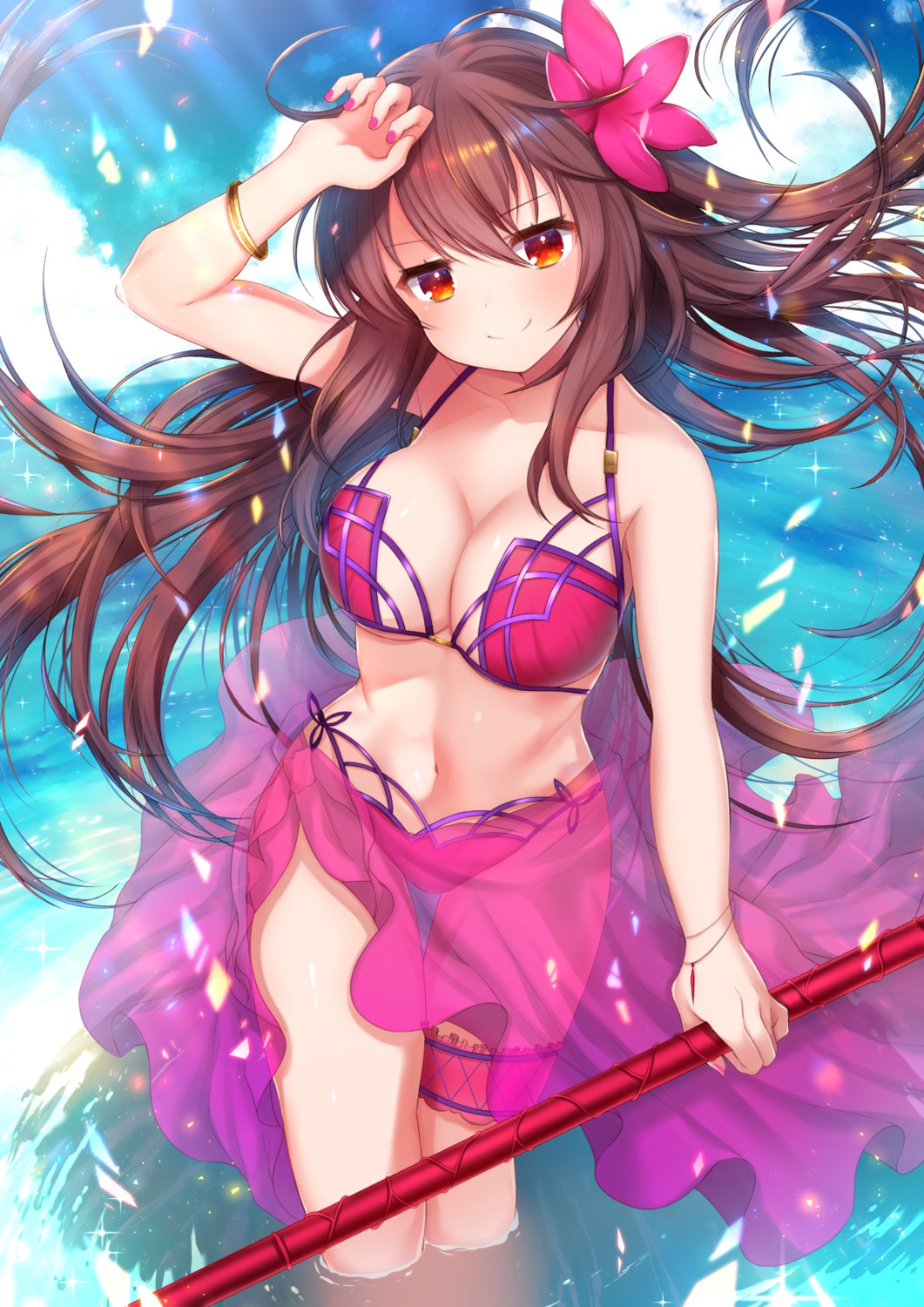 akirannu, bikini, cleavage, fate/grand_order, garter, scathach_(fate), see_through, swimsuits, weapon, wet