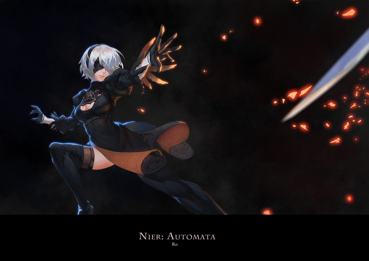 cleavage, dress, heels, nier, nier_automata, ray_(nagaseray), sword, thighhighs, yorha_no.2_type_b