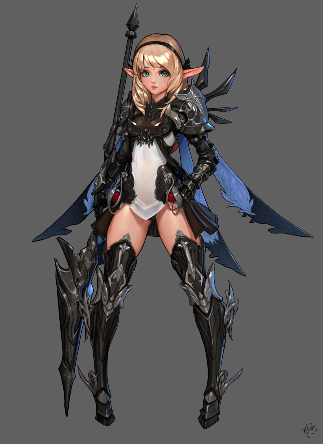 armor, daejun_park, pantsu, pointy_ears, see_through, thighhighs, weapon