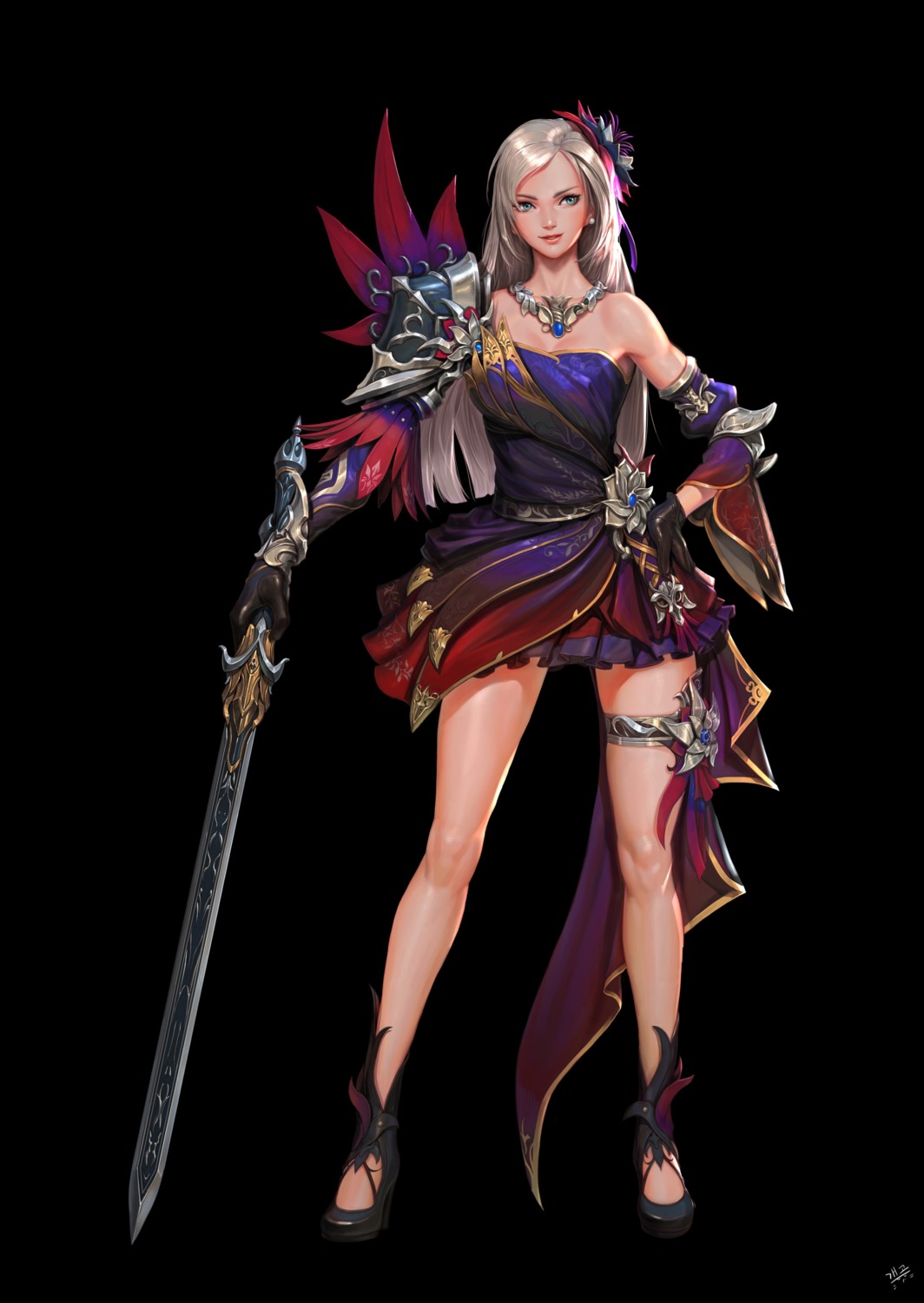 cleavage, daejun_park, dress, garter, heels, sword