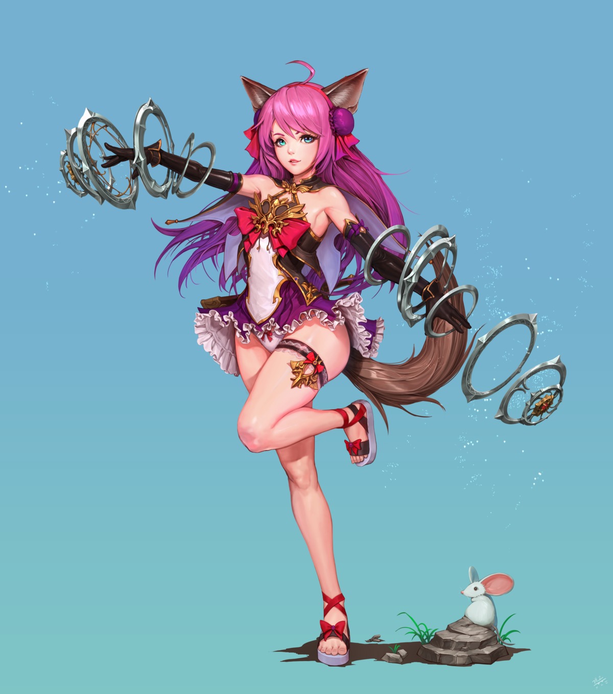 animal_ears, daejun_park, garter, pantsu, tail, weapon