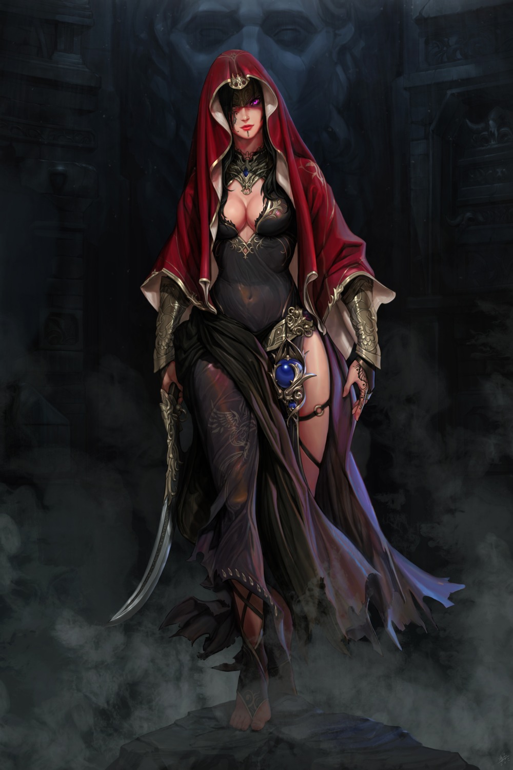 armor, cleavage, daejun_park, dress, no_bra, sword