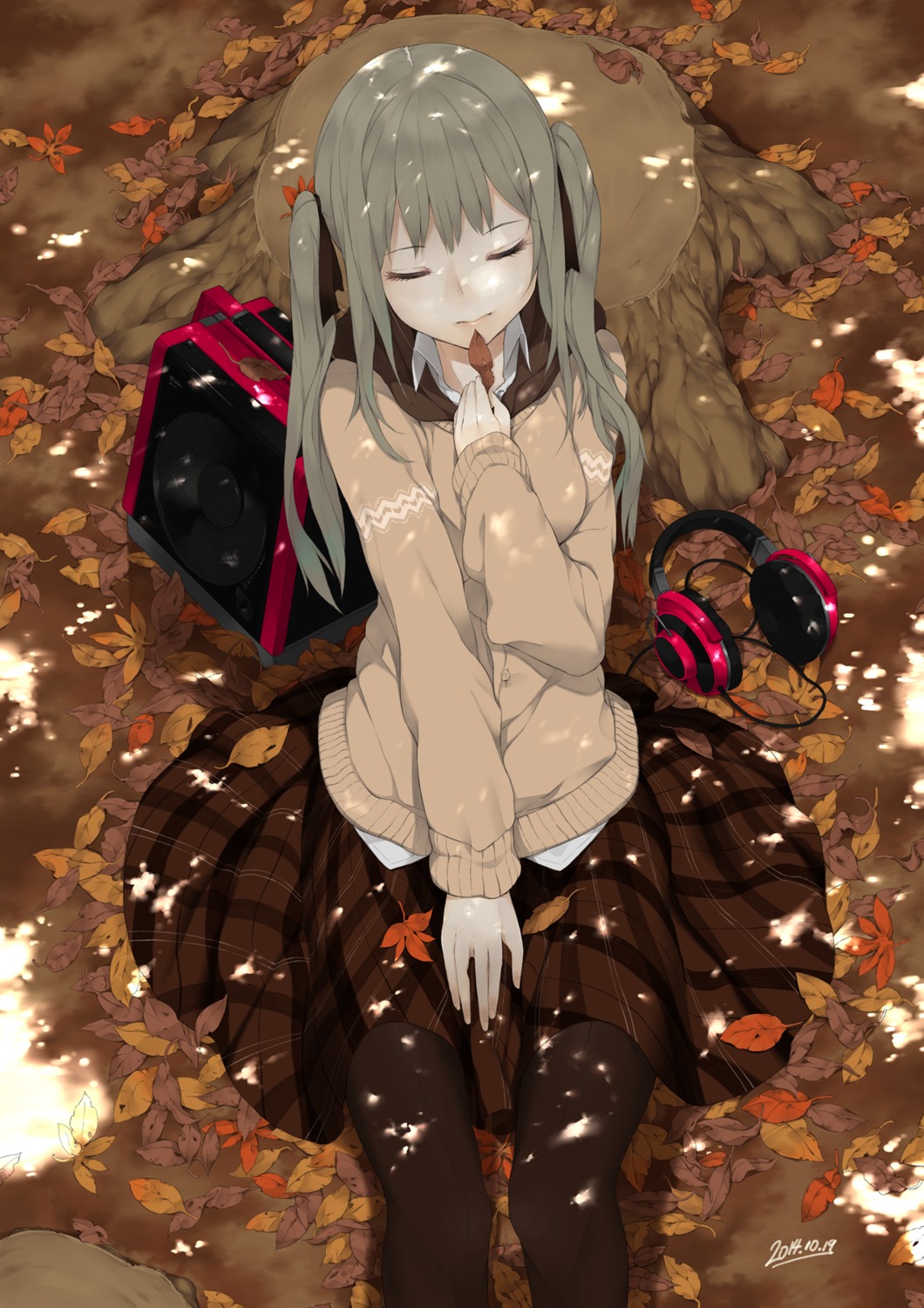 headphones, pantyhose, rayvon, seifuku, sweater