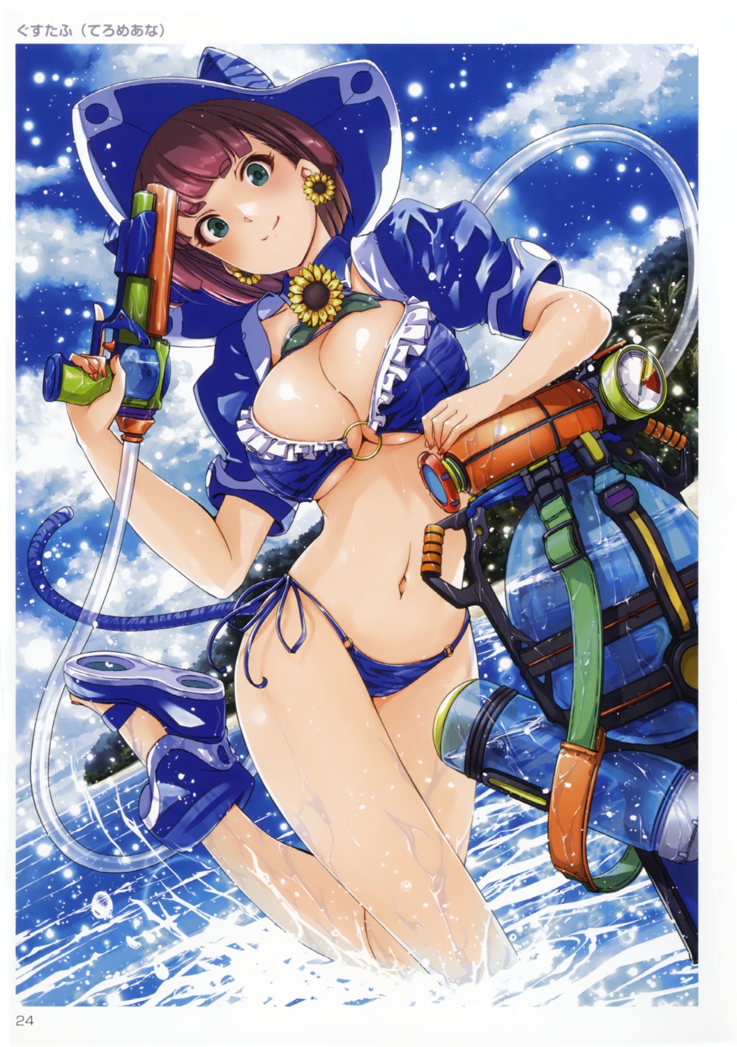 bikini, cleavage, gun, gustav, open_shirt, swimsuits, underboob, wet