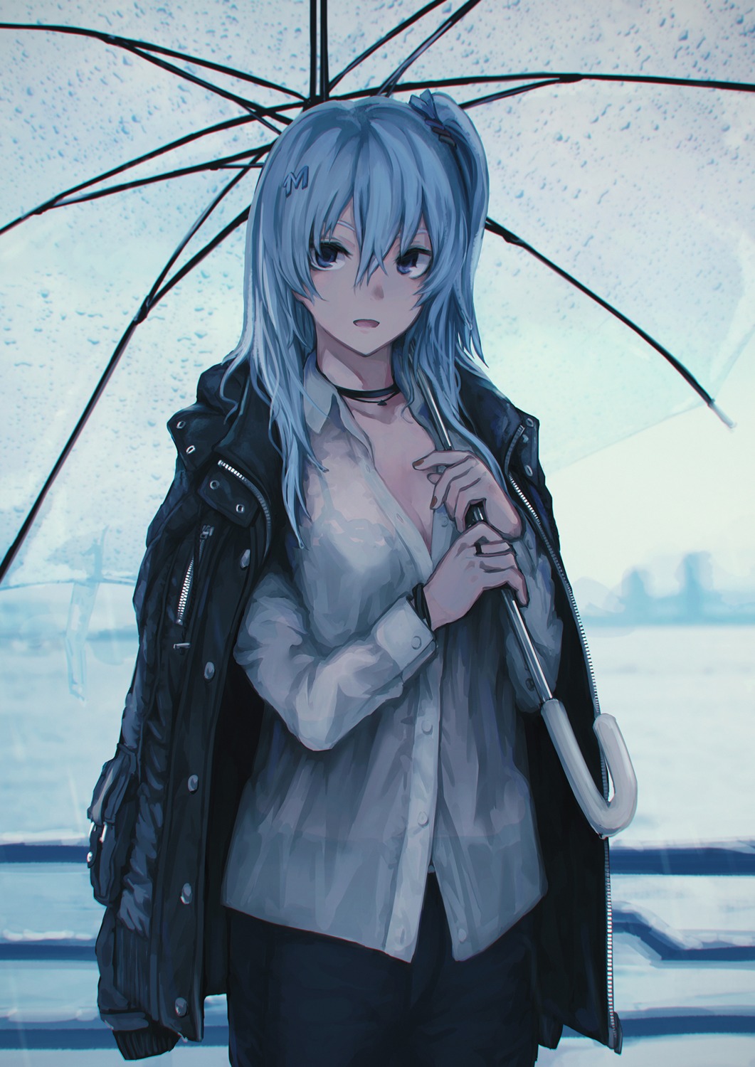 bra, cleavage, emori_miku, see_through, shiroi_suzume, umbrella