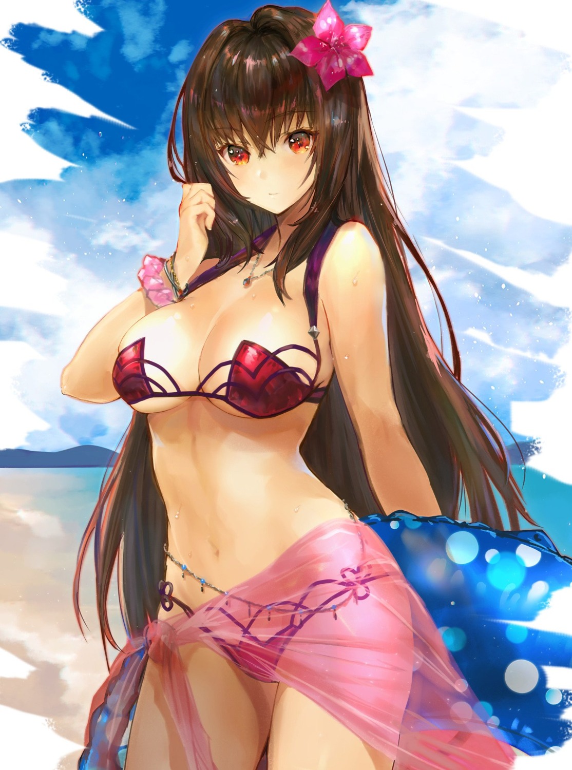 bikini, fate/grand_order, hitaki_yuu, scathach_(fate), see_through, swimsuits, underboob, wet