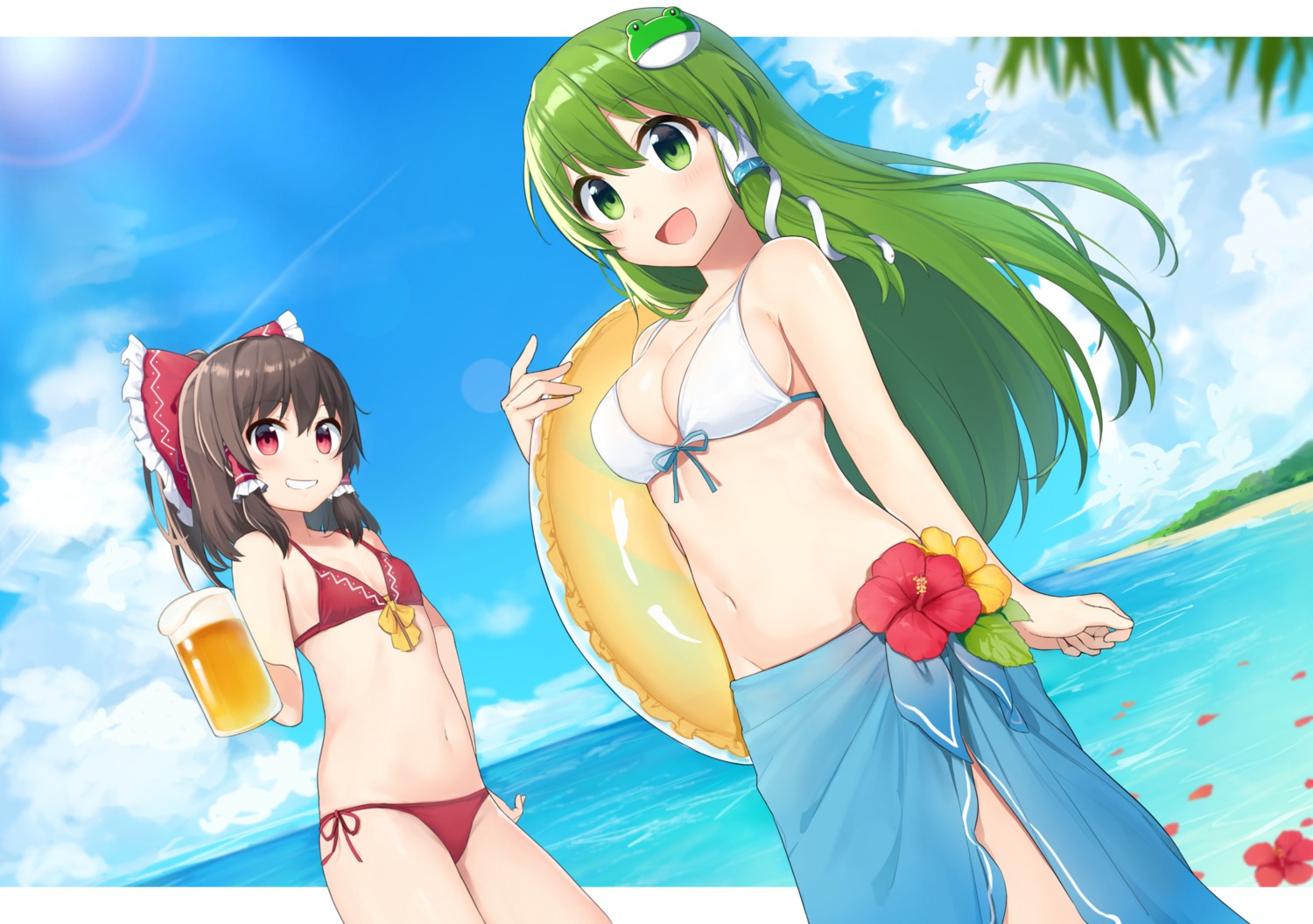 bikini, cleavage, hakurei_reimu, kochiya_sanae, swimsuits, touhou, yada_(xxxadaman)