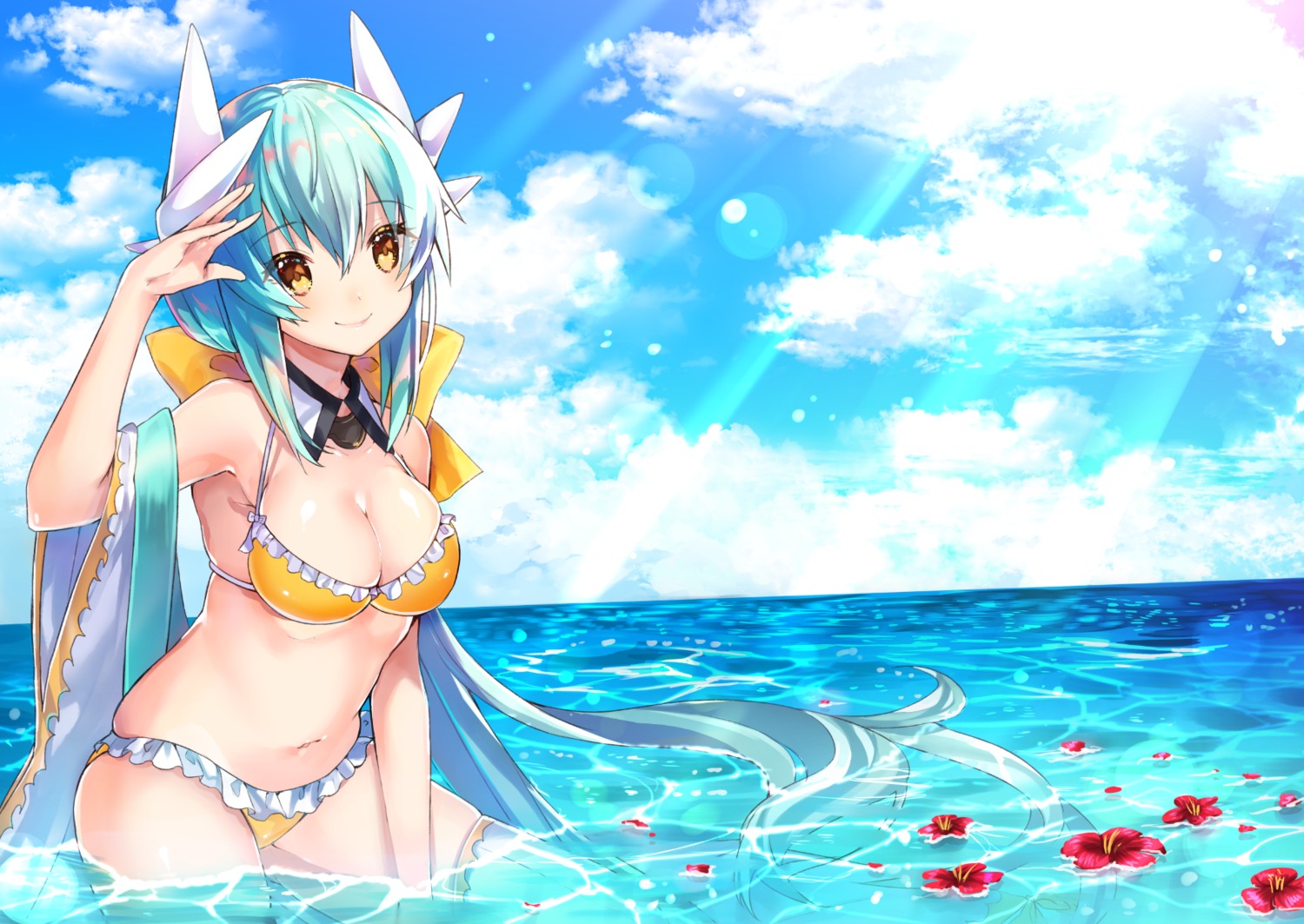 bikini, cleavage, fate/grand_order, horns, kiyohime_(fate), sakofu, swimsuits, thighhighs