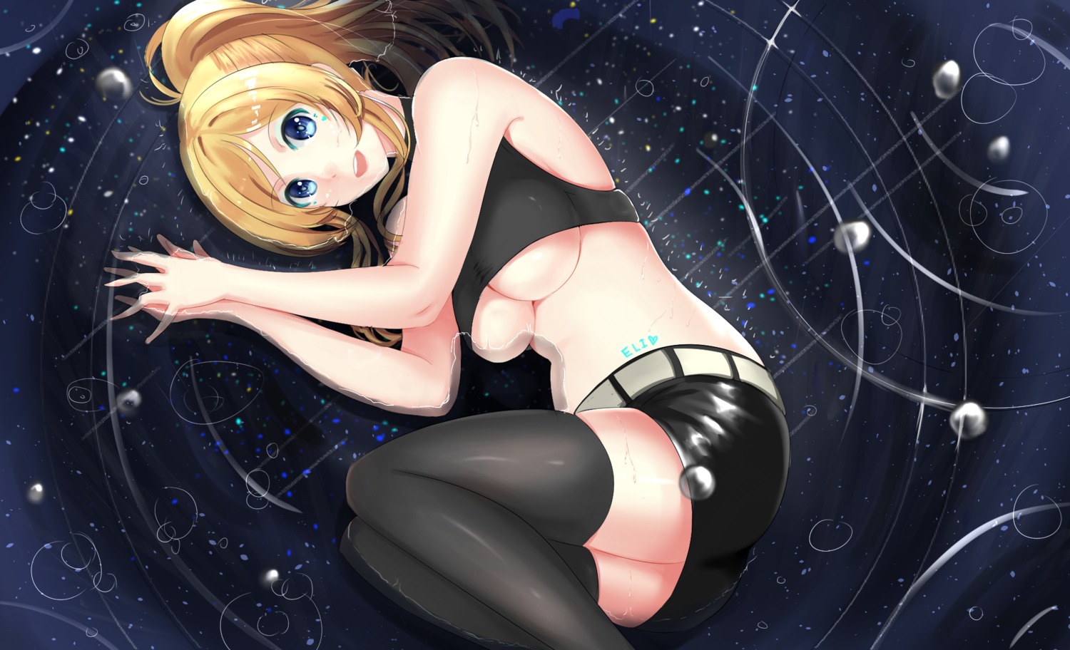 ayase_eli, love_live!, love_live!_(series), mahou_shounen, tattoo, thighhighs, underboob, wet