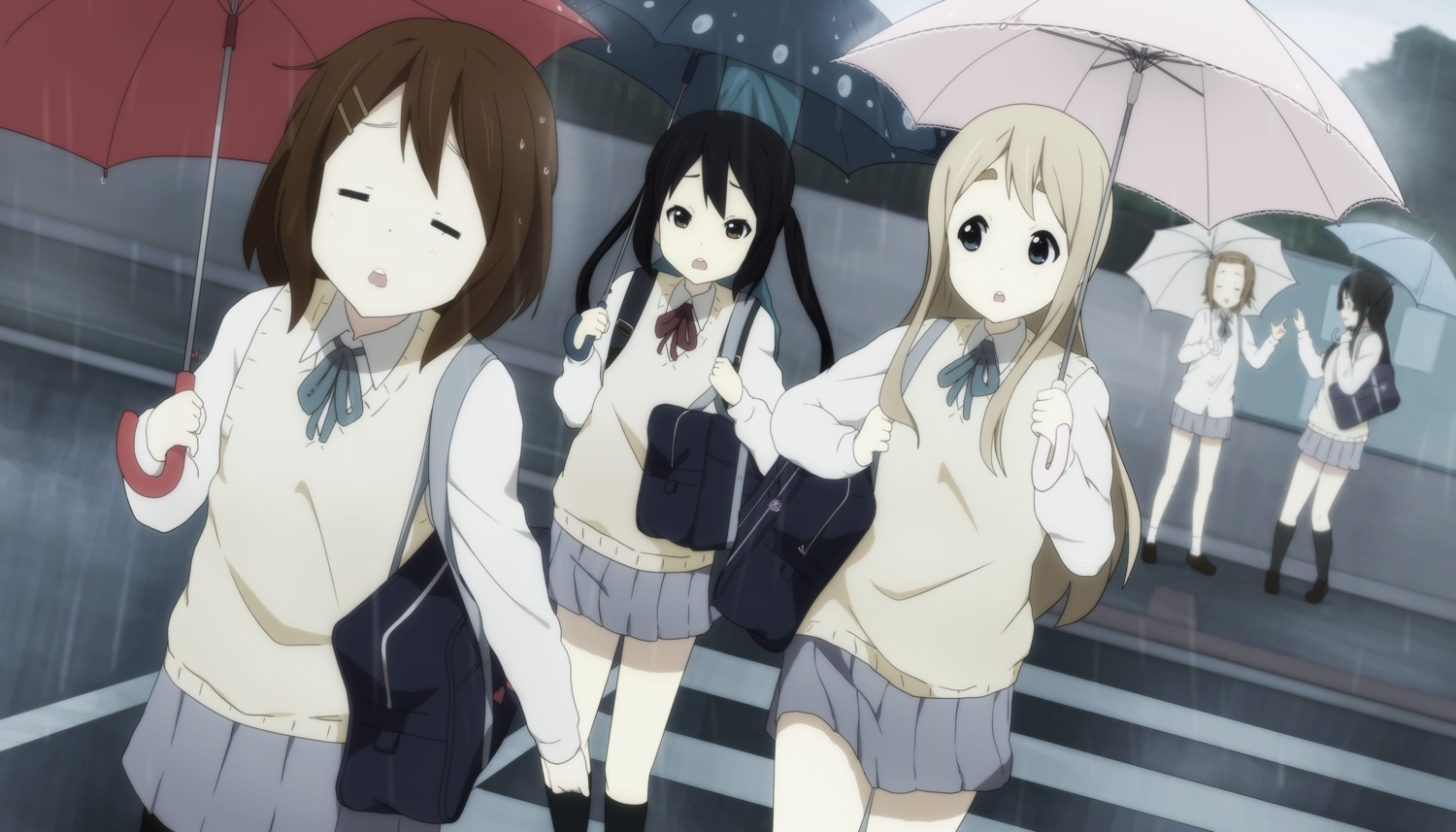 akiyama_mio, hirasawa_yui, k-on!, kicchi_(tmgk), kotobuki_tsumugi, nakano_azusa, pantyhose, seifuku, tainaka_ritsu, umbrella