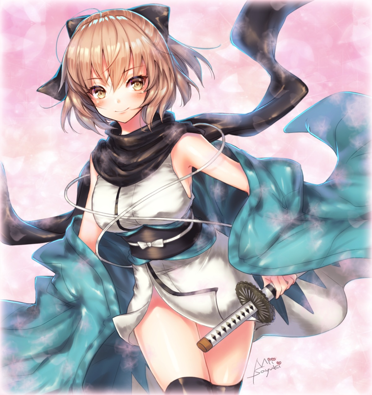 fate/grand_order, japanese_clothes, mii@chiffonx, okita_souji_(fate), open_shirt, sword, thighhighs