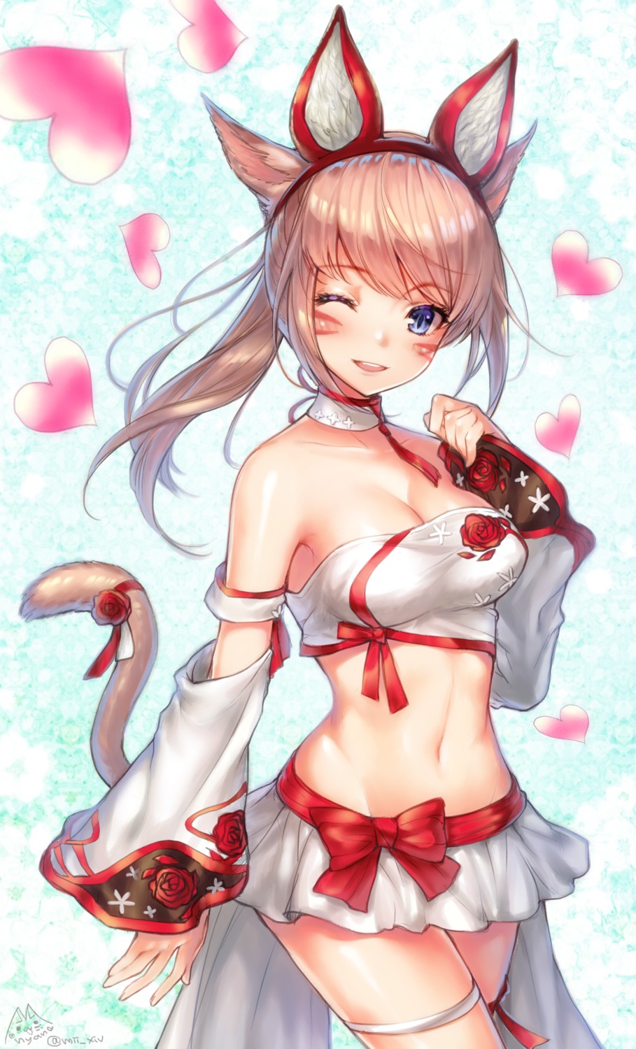 animal_ears, cleavage, final_fantasy, final_fantasy_xiv, garter, mii@chiffonx, miqo'te, tail, tattoo
