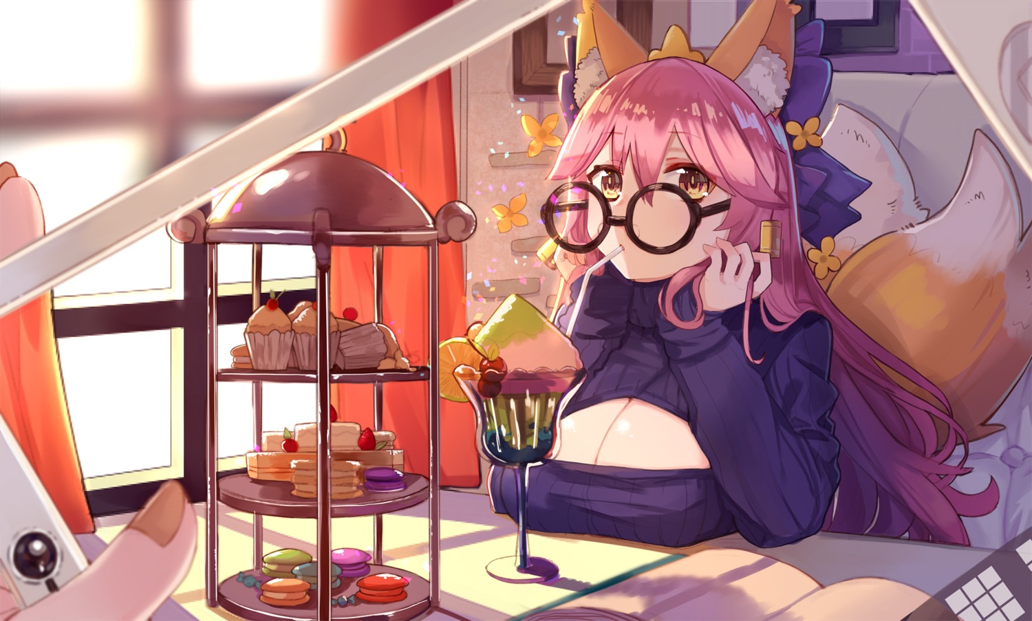 alvein6, animal_ears, cleavage, fate/extra, fate/grand_order, fate/stay_night, megane, sweater, tail, tamamo_no_mae
