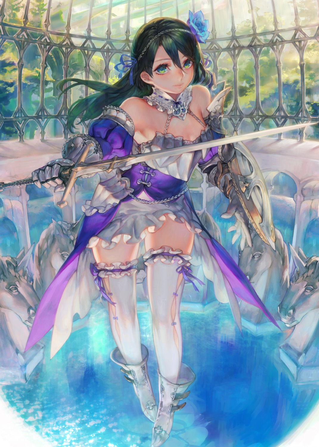 aoin, armor, cleavage, sword, thighhighs