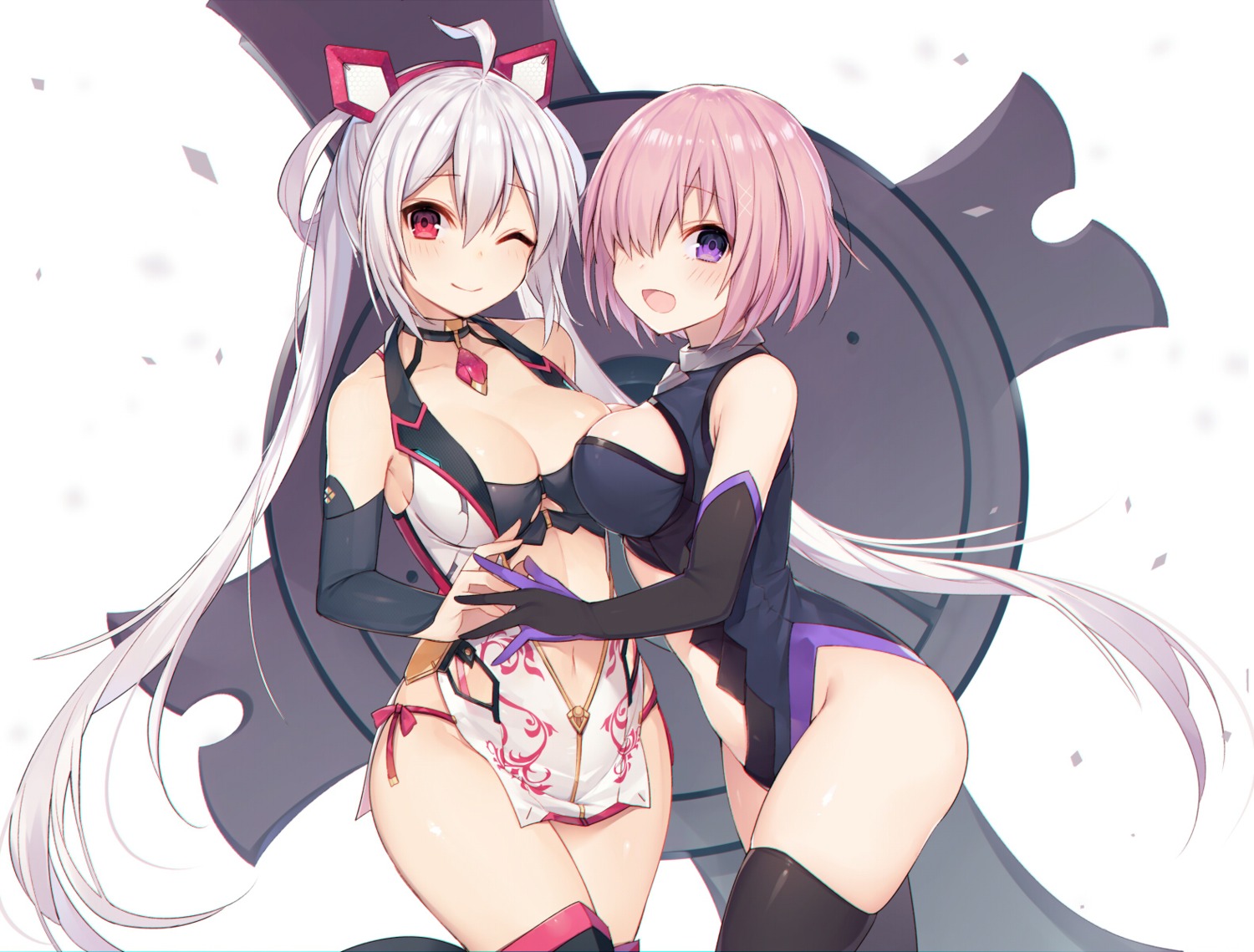 cleavage, crossover, fate/grand_order, mash_kyrielight, matoi_(pso2), muryo, pantsu, phantasy_star_online_2, thighhighs