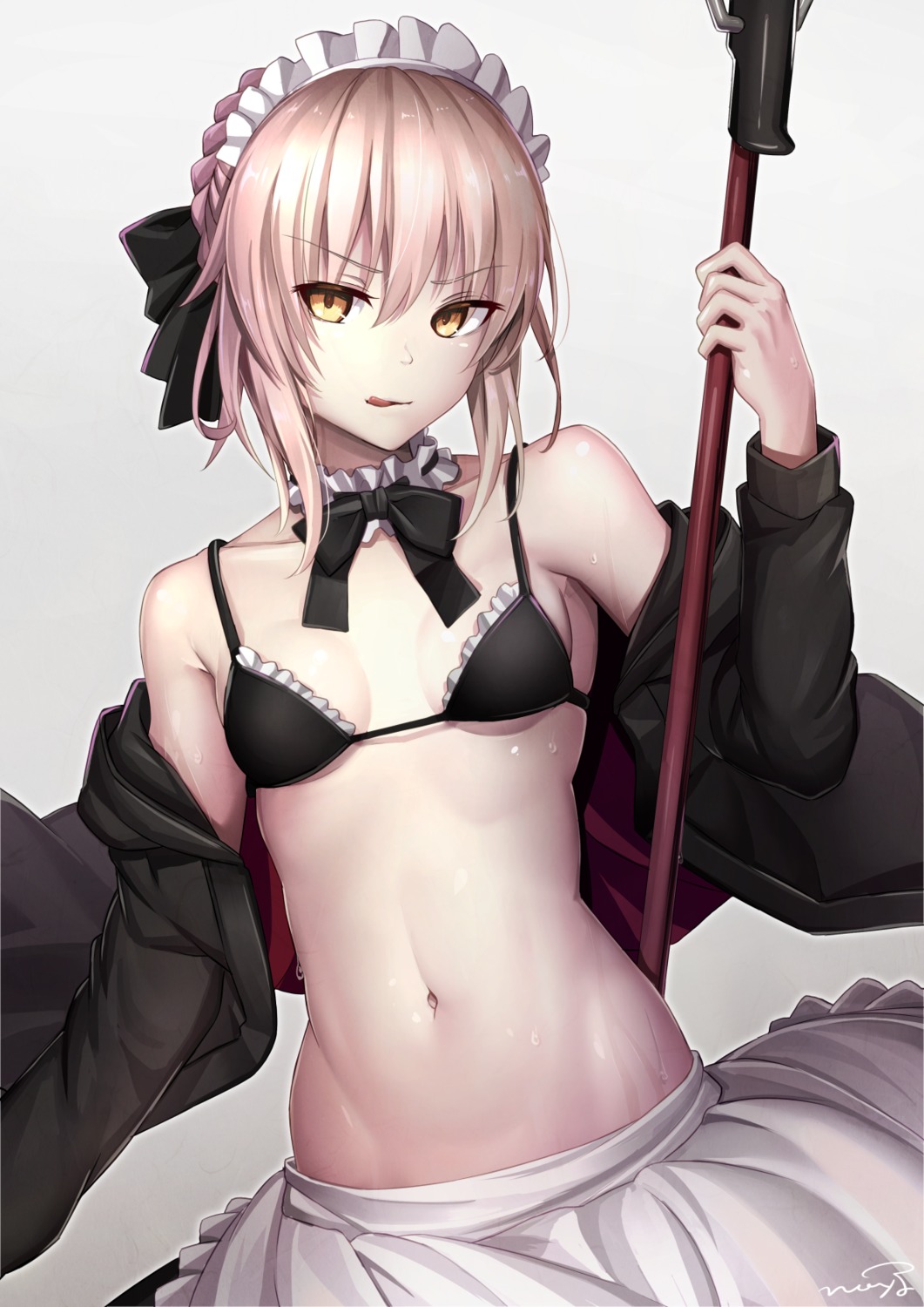 artoria_pendragon_(fate), artoria_pendragon_alter_(fate), bikini_top, cleavage, fate/grand_order, maid, open_shirt, shuutou_haruka