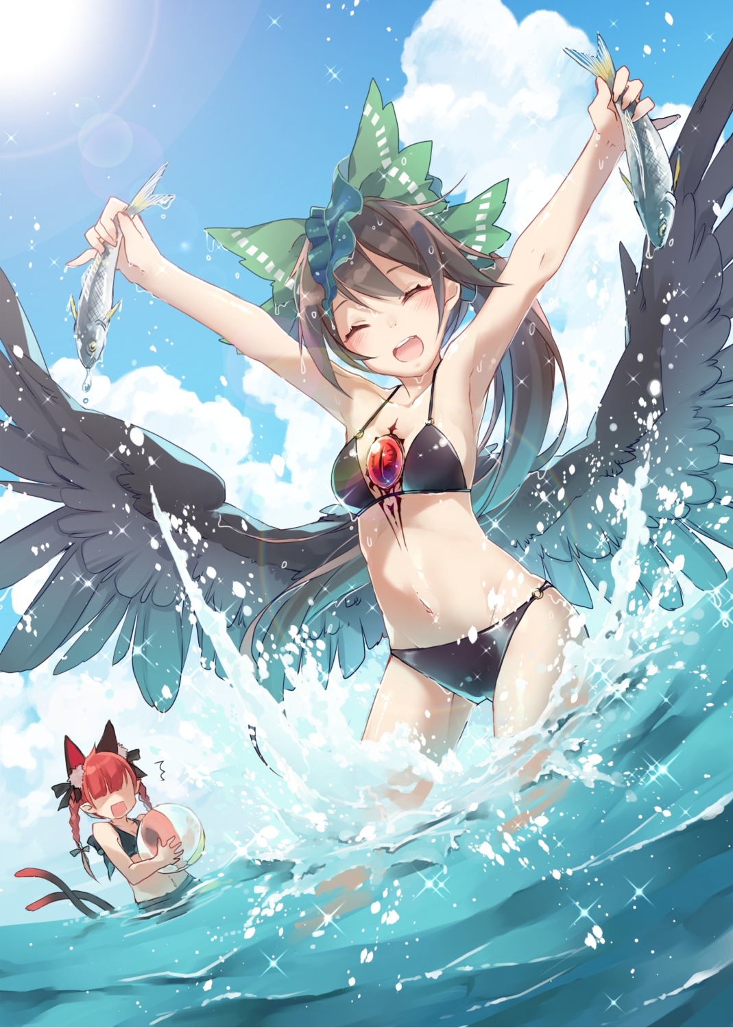 animal_ears, bikini, cleavage, kaenbyou_rin, reiuji_utsuho, swimsuits, tail, touhou
