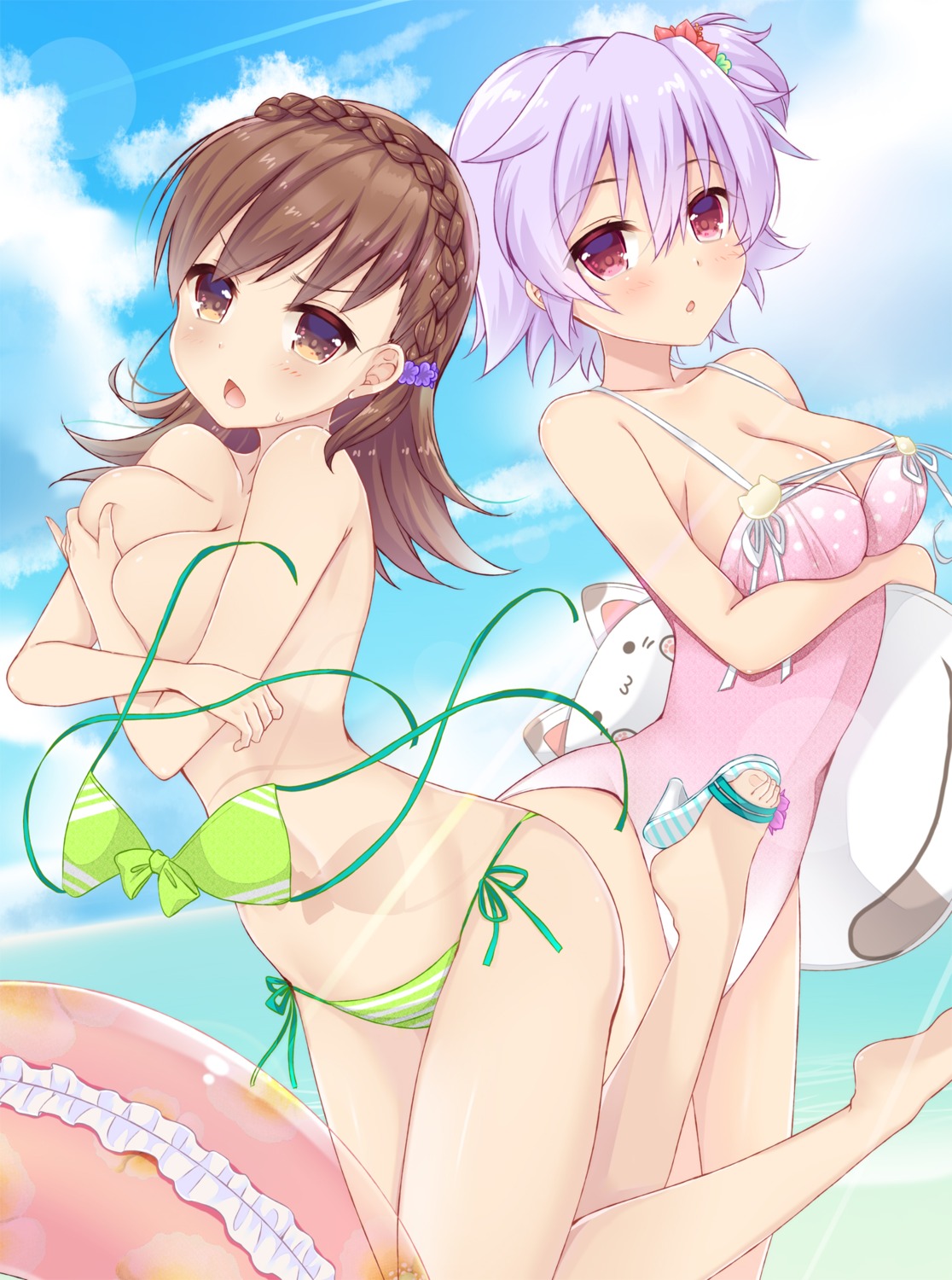bikini, breast_hold, cleavage, heels, kantai_collection, ko_yu, ooi_(kancolle), swimsuits, tama_(kancolle), topless, wardrobe_malfunction