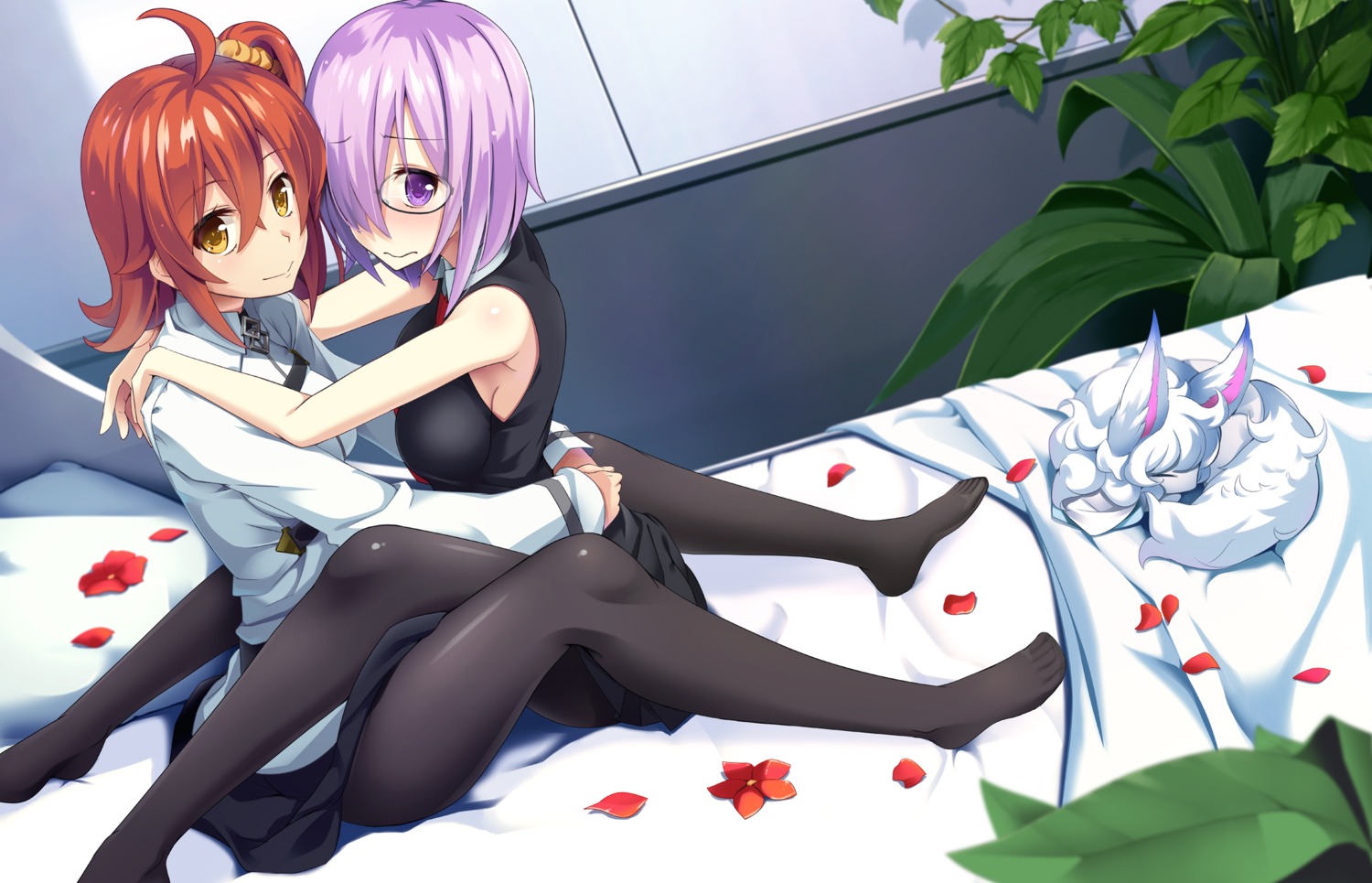 cath_palug_(fate), fate/grand_order, fujimaru_ritsuka_(female), mash_kyrielight, megane, pantyhose, wapokichi