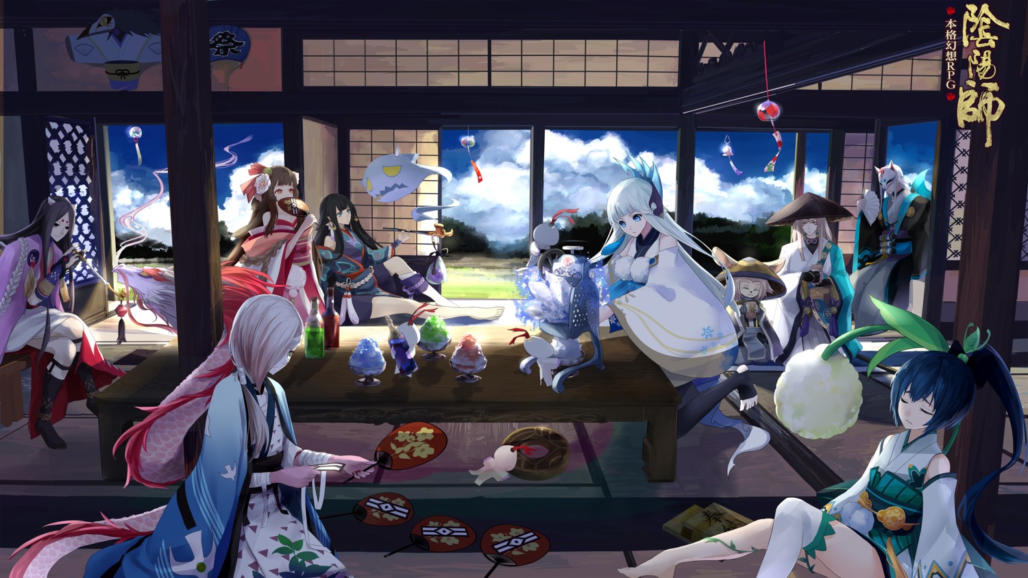 aobozu_(onmyouji), bandages, enenra_(onmyouji), hotarugusa_(onmyouji), ichimoku_ren_(onmyouji), japanese_clothes, kamikui_(onmyouji), kimono, onmyouji, shozu_(onmyouji), tesso_(onmyouji), thighhighs, yamauchi_shizu, yoko_(onmyouji), yuki_onna_(onmyouji)