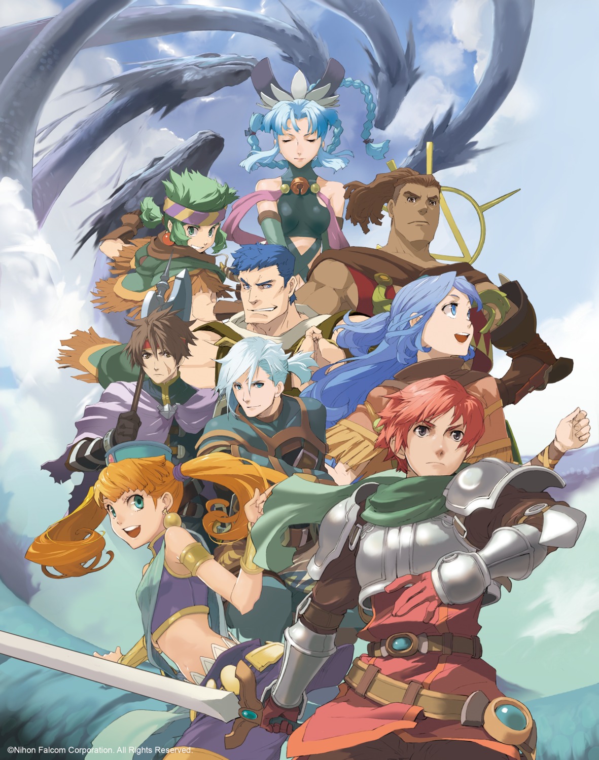 adol_christin, aisha_(ys), armor, dogi, elk_(ys), enami_katsumi, falcom, geis, mishera, monster, mustafa, scias, sword, tia, weapon, ys, ys_seven
