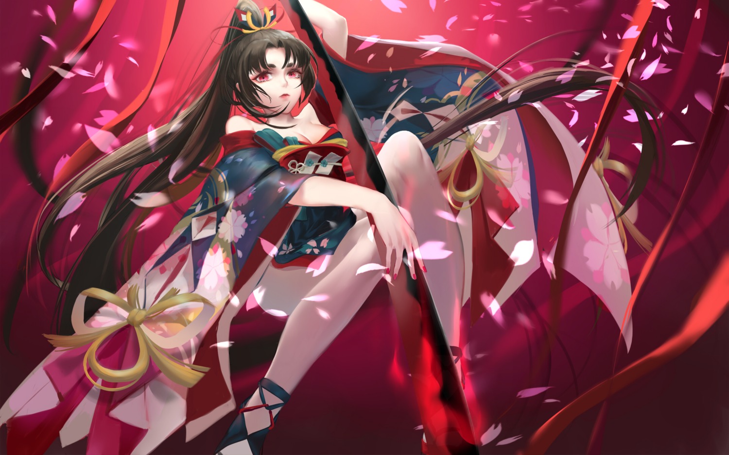 cleavage, japanese_clothes, onmyouji, qidai, weapon, yoto_hime_(onmyouji)
