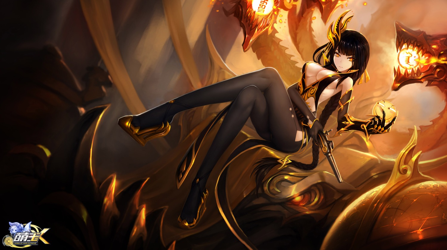 cleavage, gun, heels, no_bra, pantyhose, zhuore_zhi_hen