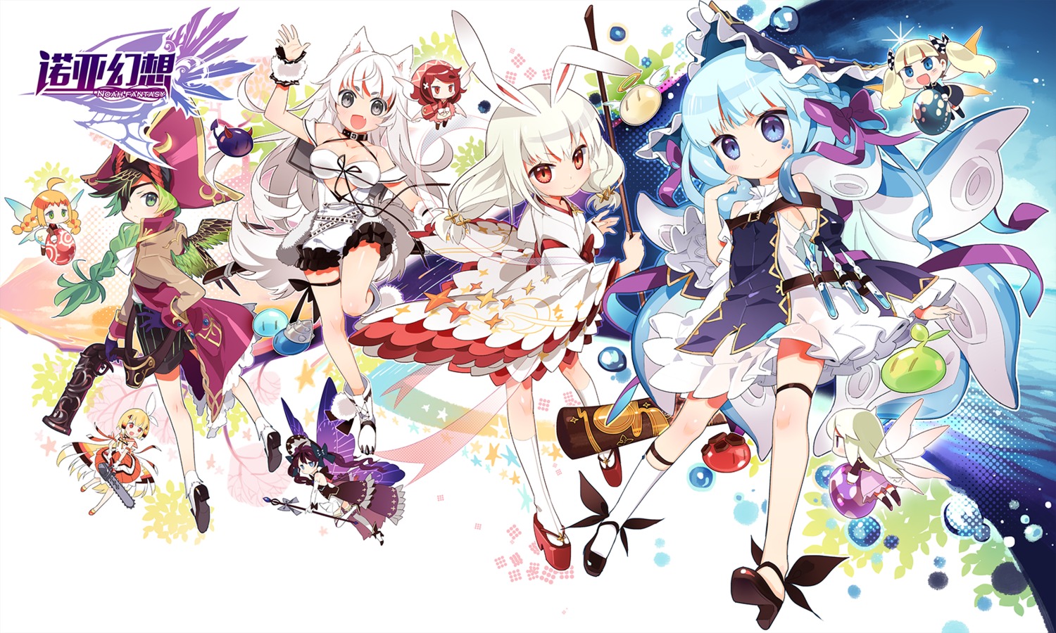 animal_ears, bunny_ears, cleavage, eyepatch, fairy, garter, gun, heels