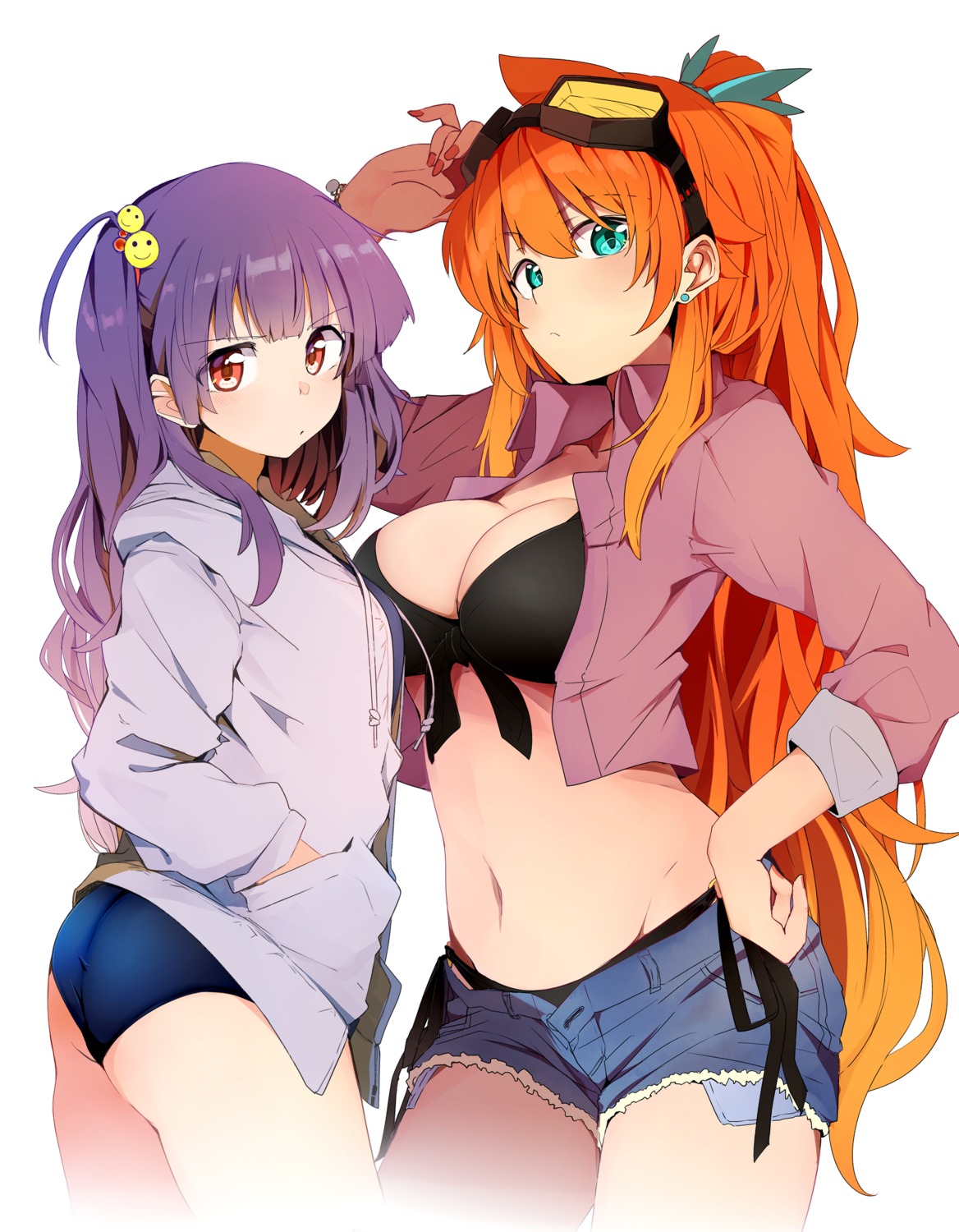 ass, bikini, cleavage, kazenoko, megane, open_shirt, swimsuits