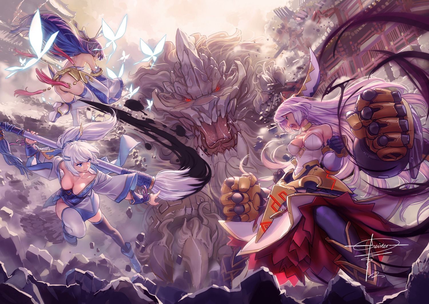 ass, cleavage, geister, kitsune, monster, no_bra, open_shirt, sangai_senki