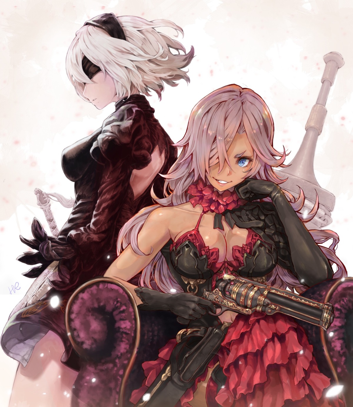 cinderella_(sinoalice), cleavage, crossover, gun, hoshizaki_reita, nier, nier_automata, sinoalice, sword, yorha_no.2_type_b