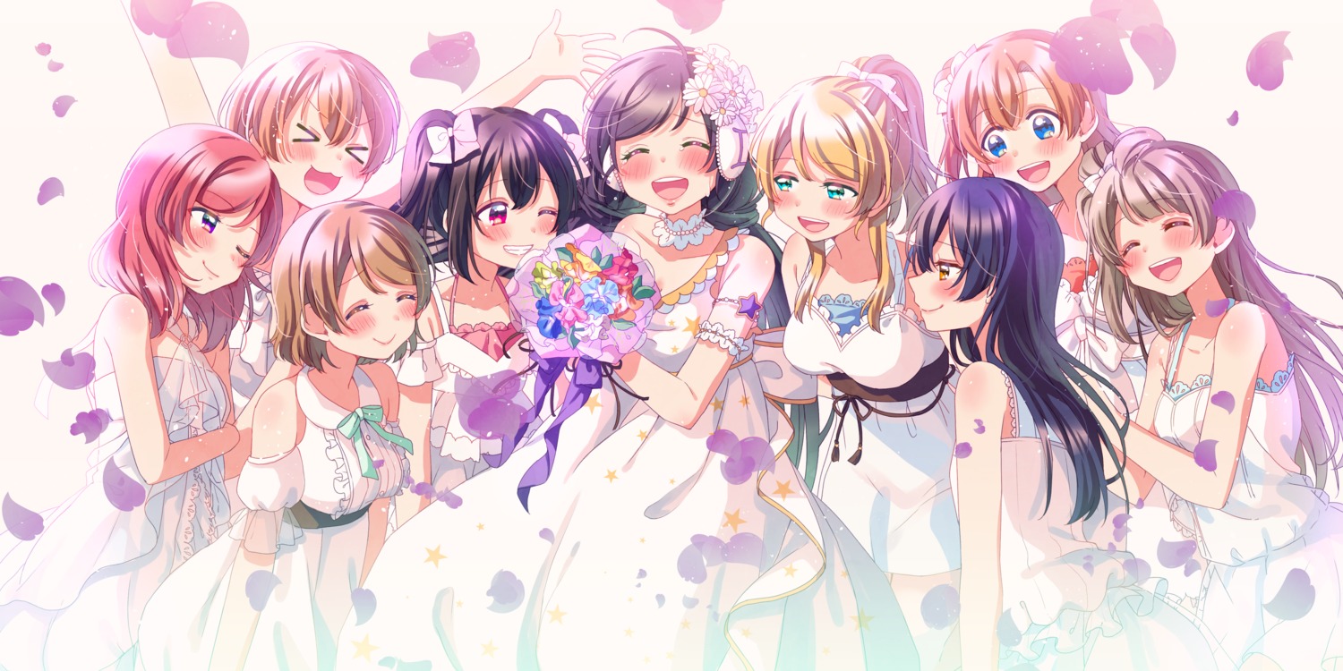 ayase_eli, dress, hina_(hinalovesugita), hoshizora_rin, koizumi_hanayo, kousaka_honoka, love_live!, love_live!_(series), minami_kotori, nishikino_maki, sonoda_umi, toujou_nozomi, wedding_dress, yazawa_nico
