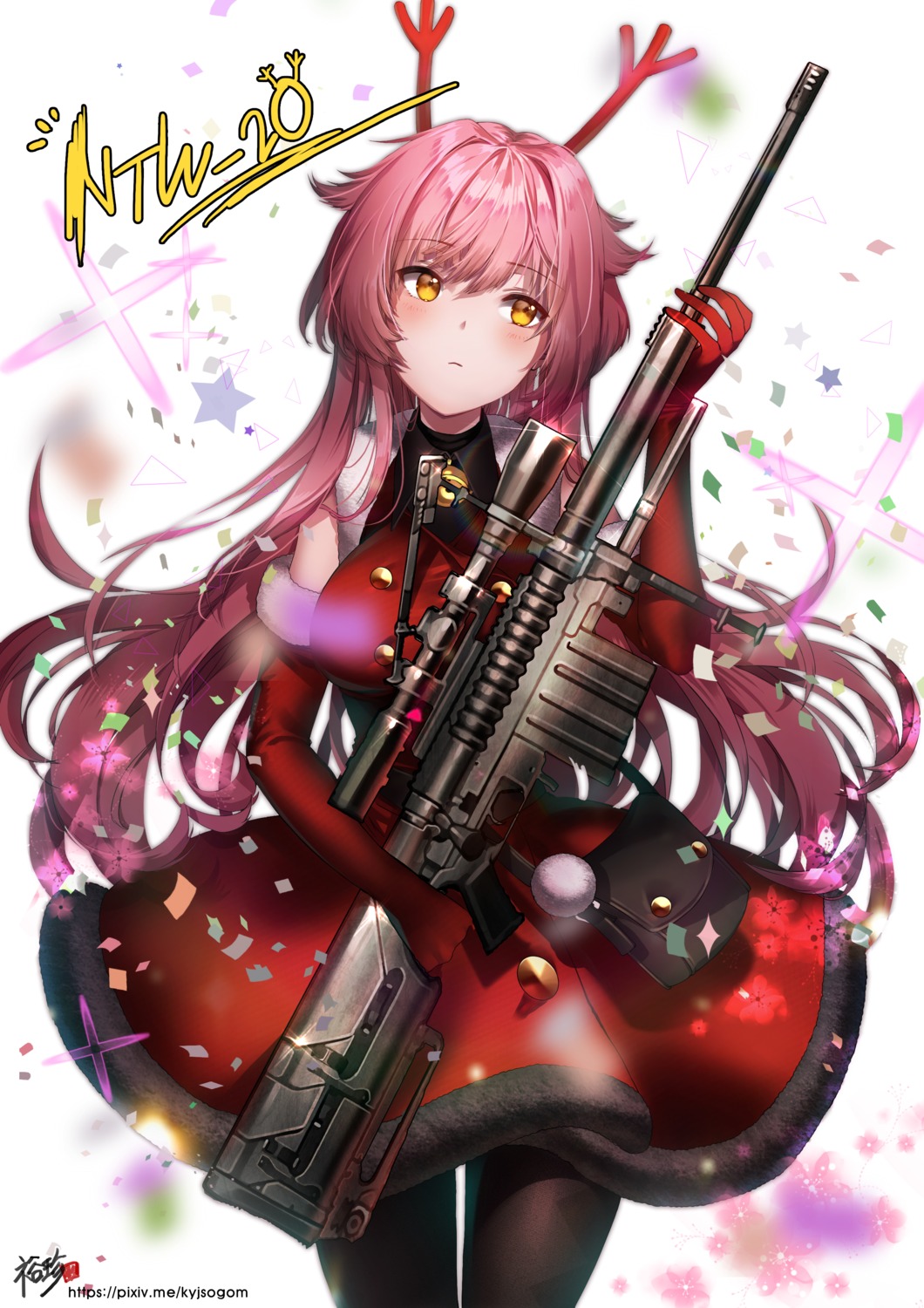christmas, dress, girls_frontline, gun, horns, kyjsogom, ntw-20_(girls_frontline), pantyhose