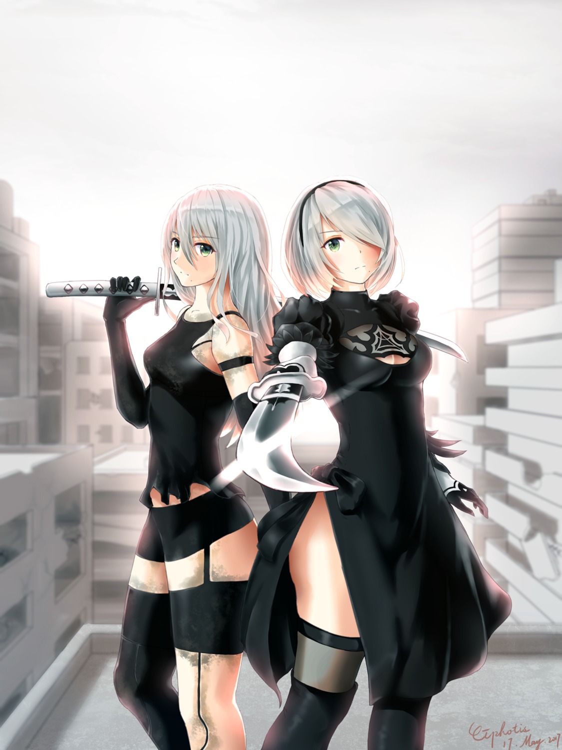 ciphotis, cleavage, dress, mecha_musume, nier, nier_automata, sword, thighhighs, yorha_no.2_type_b, yorha_type_a_no.2