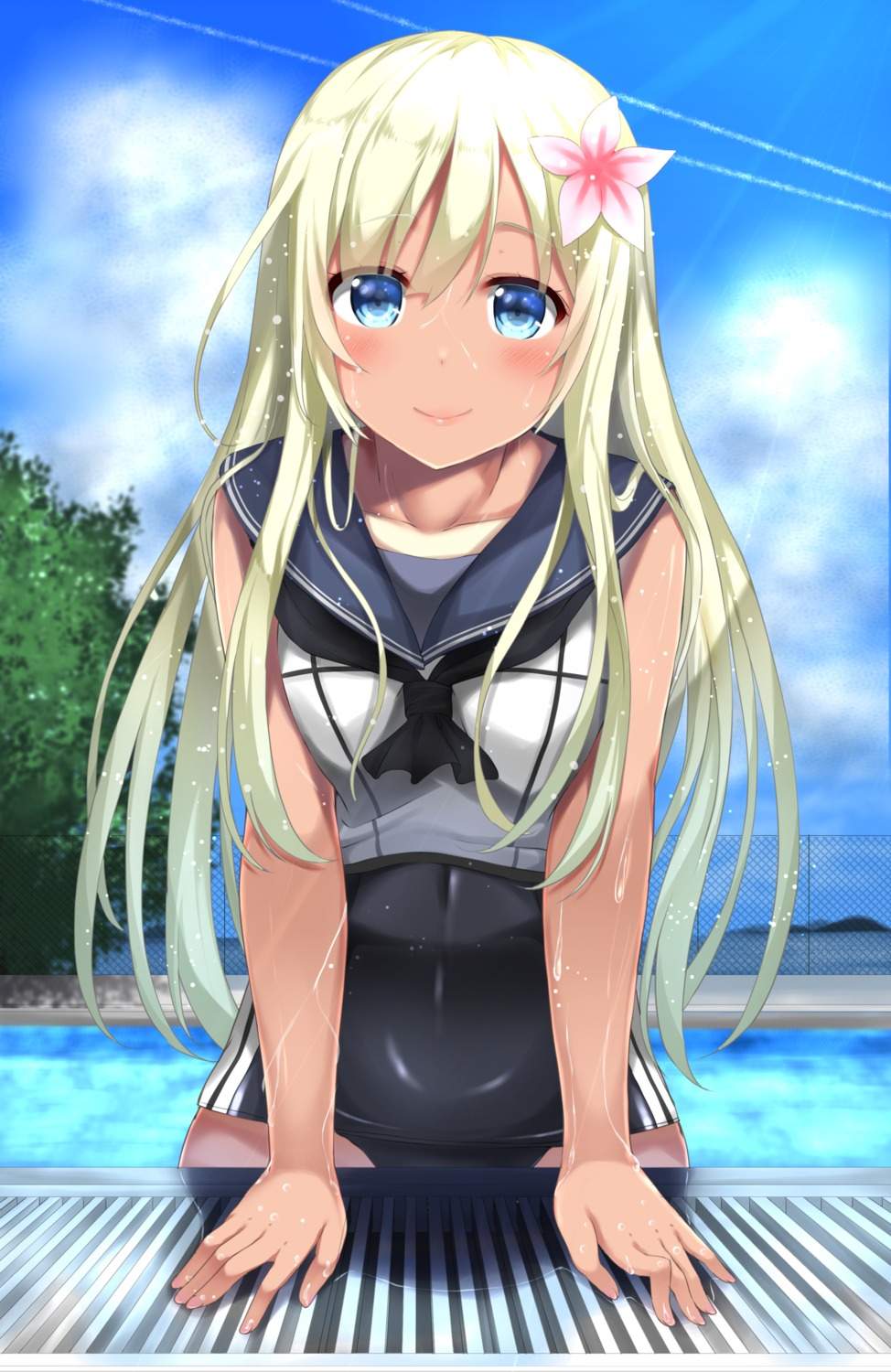 kantai_collection, kinakomochi_(egoist), ro-500, school_swimsuit, seifuku, swimsuits, tan_lines, wet
