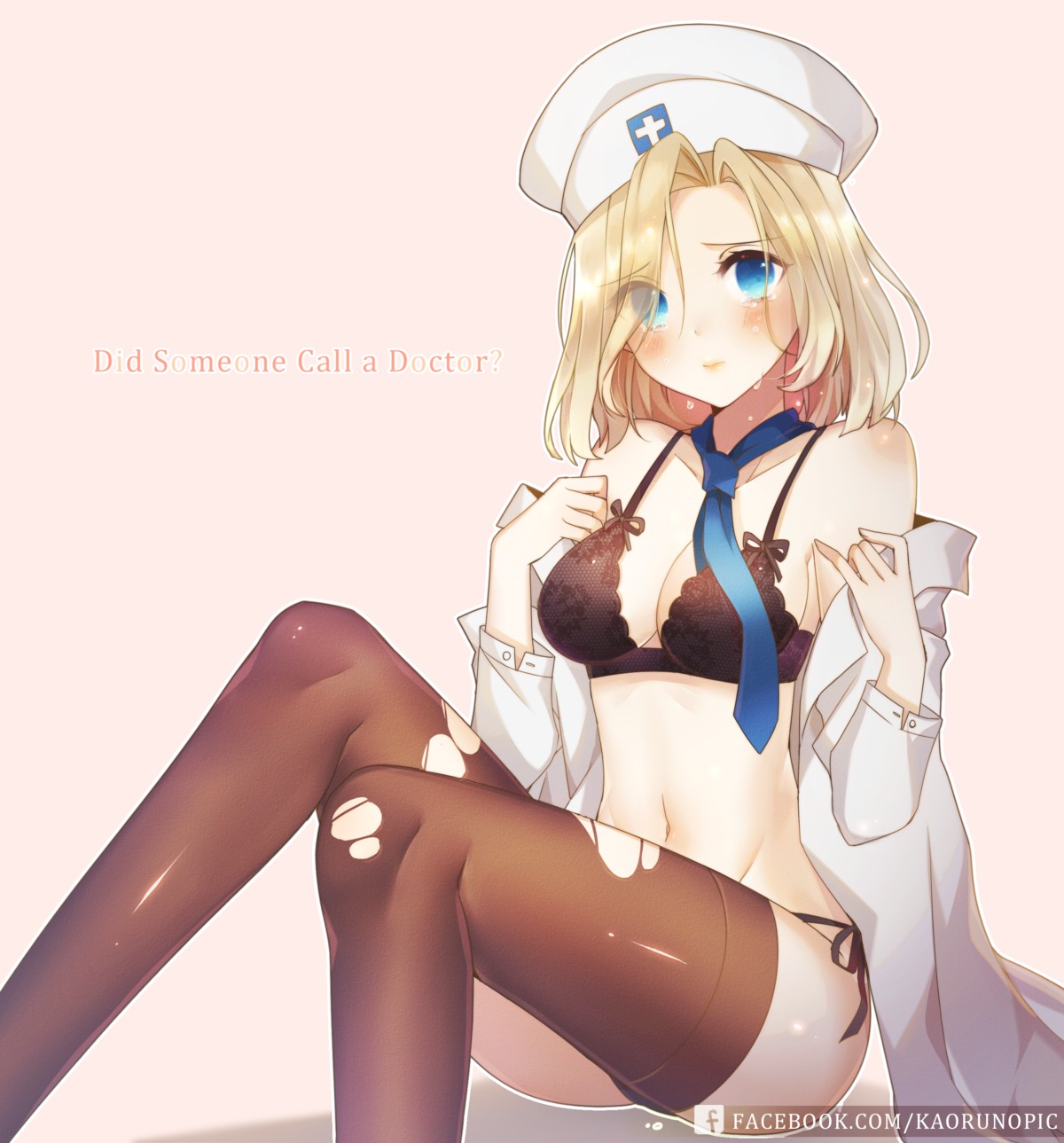 atobesakunolove, bra, cleavage, mercy_(overwatch), official_watermark, open_shirt, overwatch, pantsu, string_panties, thighhighs, torn_clothes