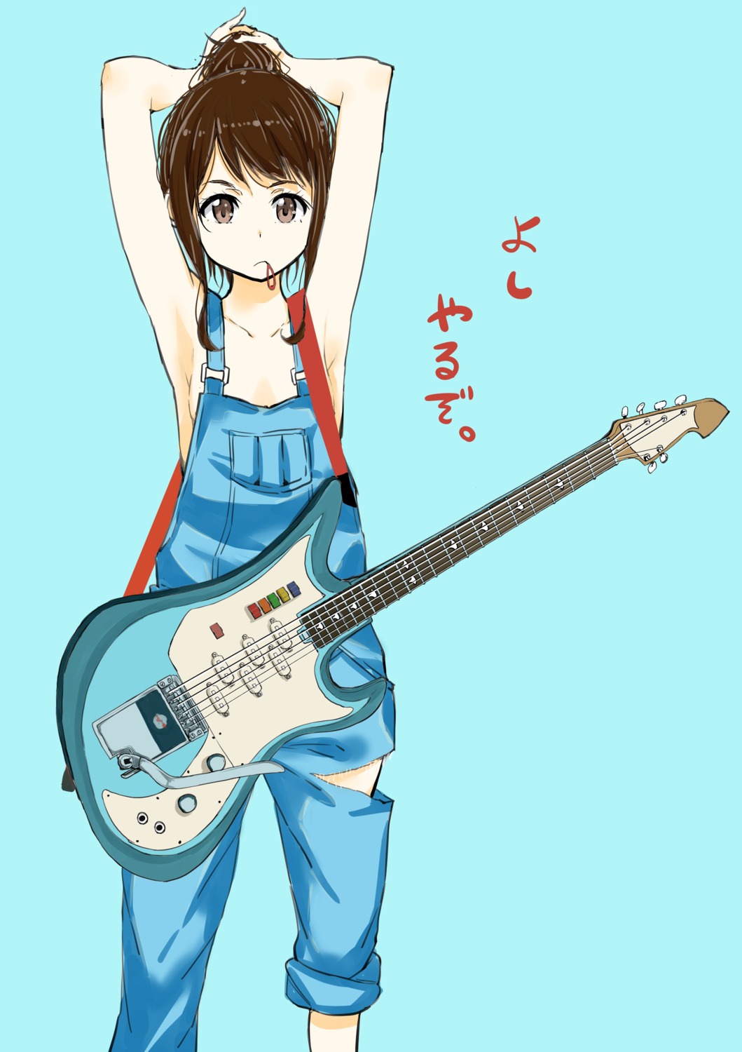 guitar, no_bra, overalls, takata_koutarou, torn_clothes