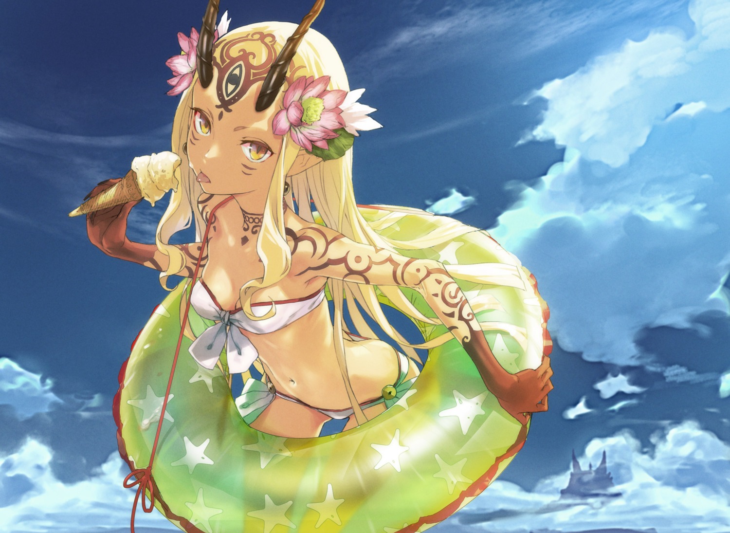 bikini, cleavage, fate/grand_order, horns, ibaraki_douji_(fate), redjuice, swimsuits, tattoo