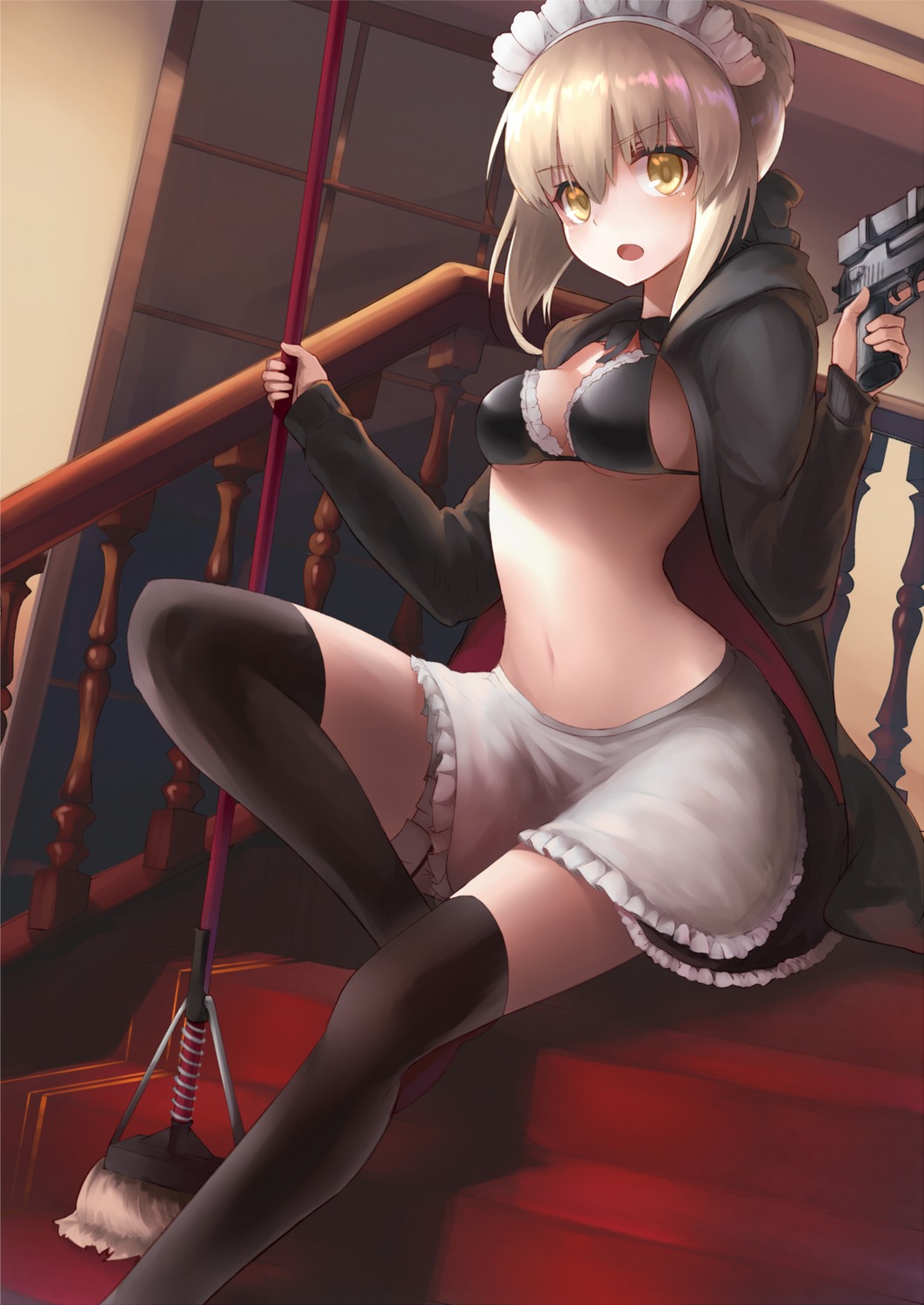 artoria_pendragon_(fate), artoria_pendragon_alter_(fate), bikini_top, fate/grand_order, gun, jazztaki, maid, open_shirt